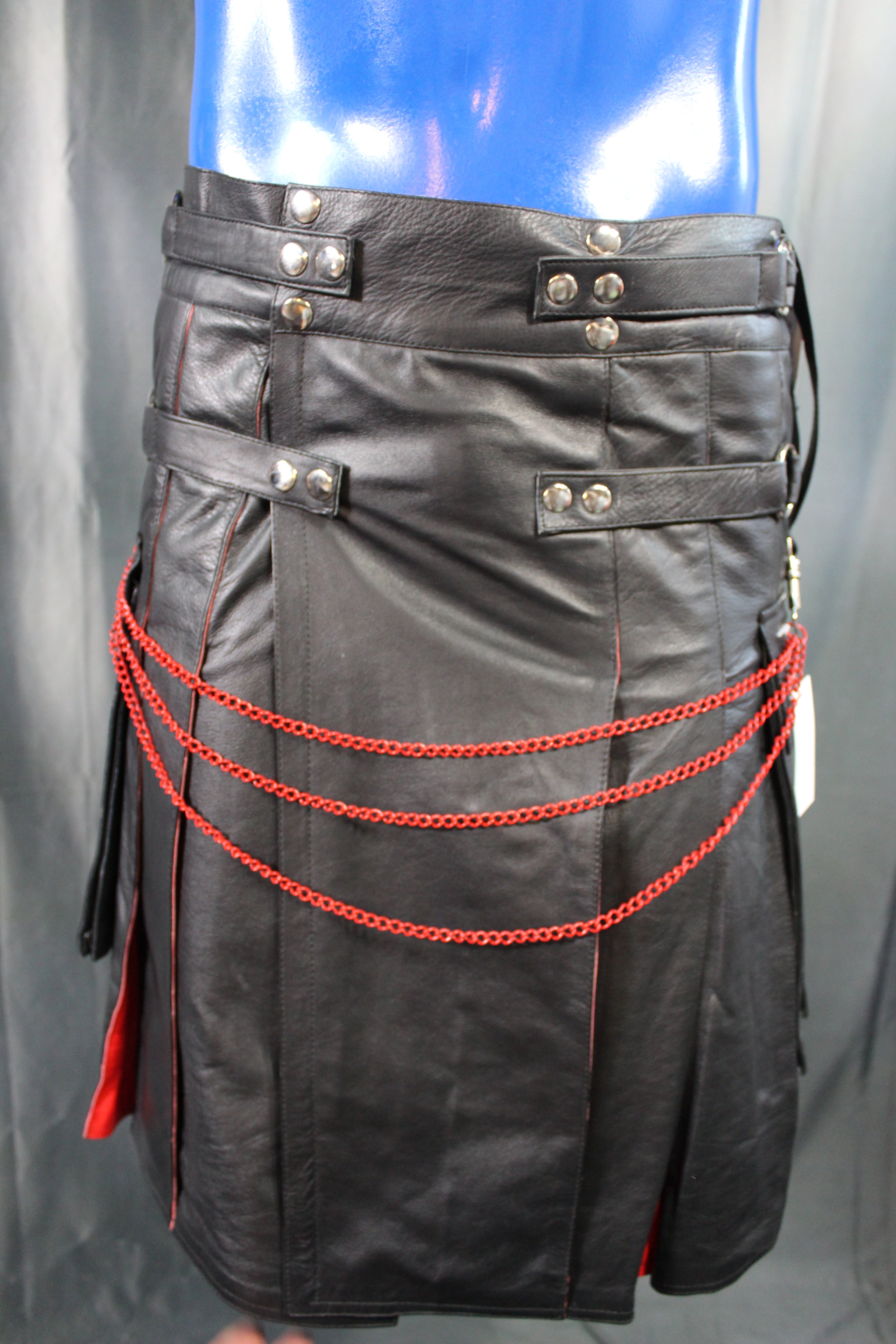 OnF Leather Kilt in Black with Red Pleats