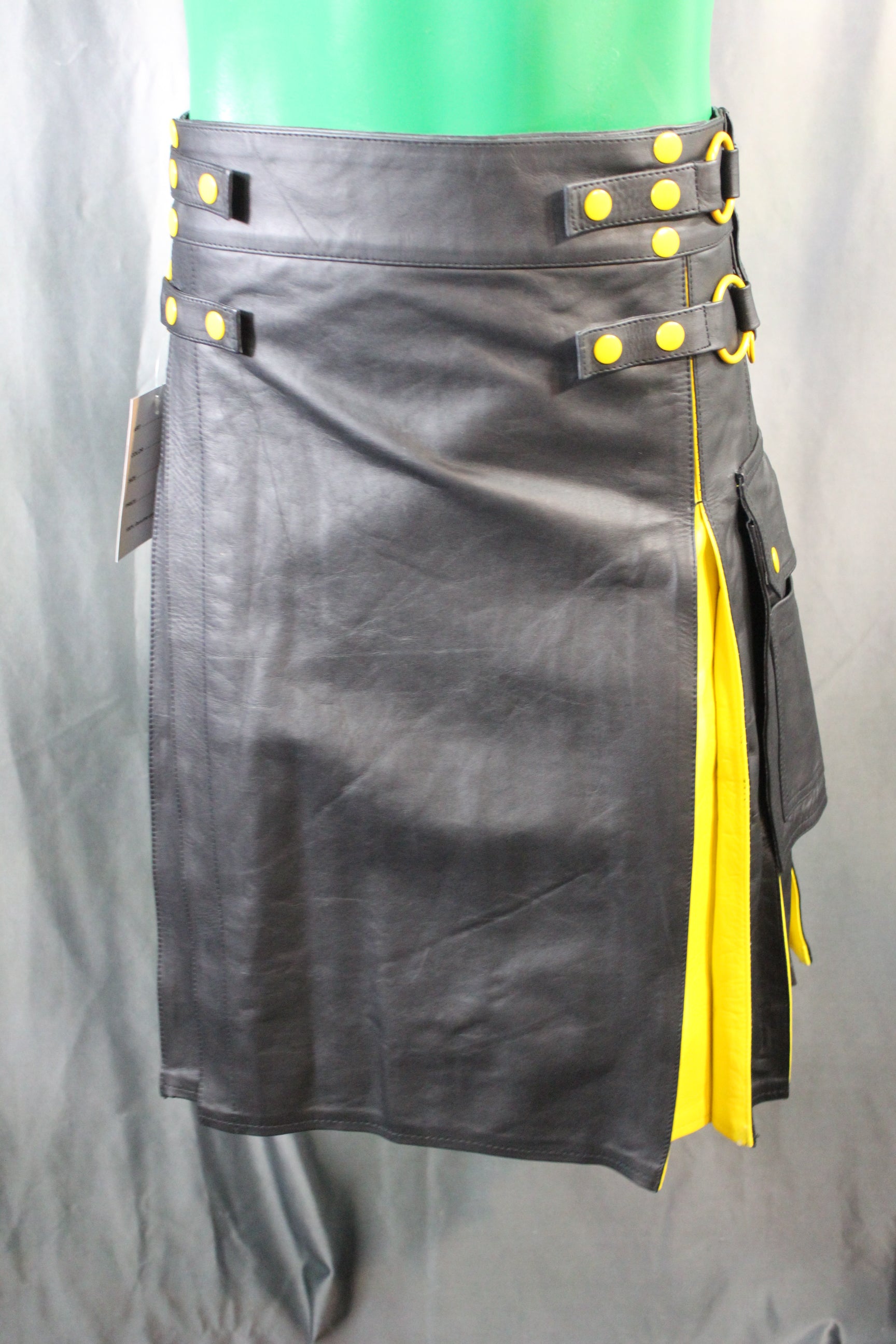 OnF Leather Kilt in Black with Yellow Pleats