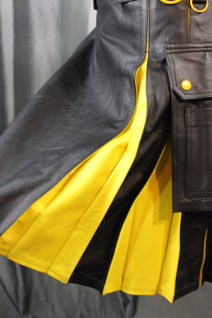 OnF Leather Kilt in Black with Yellow Pleats