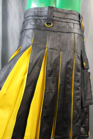 OnF Leather Kilt in Black with Yellow Pleats