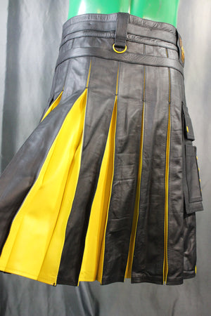 OnF Leather Kilt in Black with Yellow Pleats