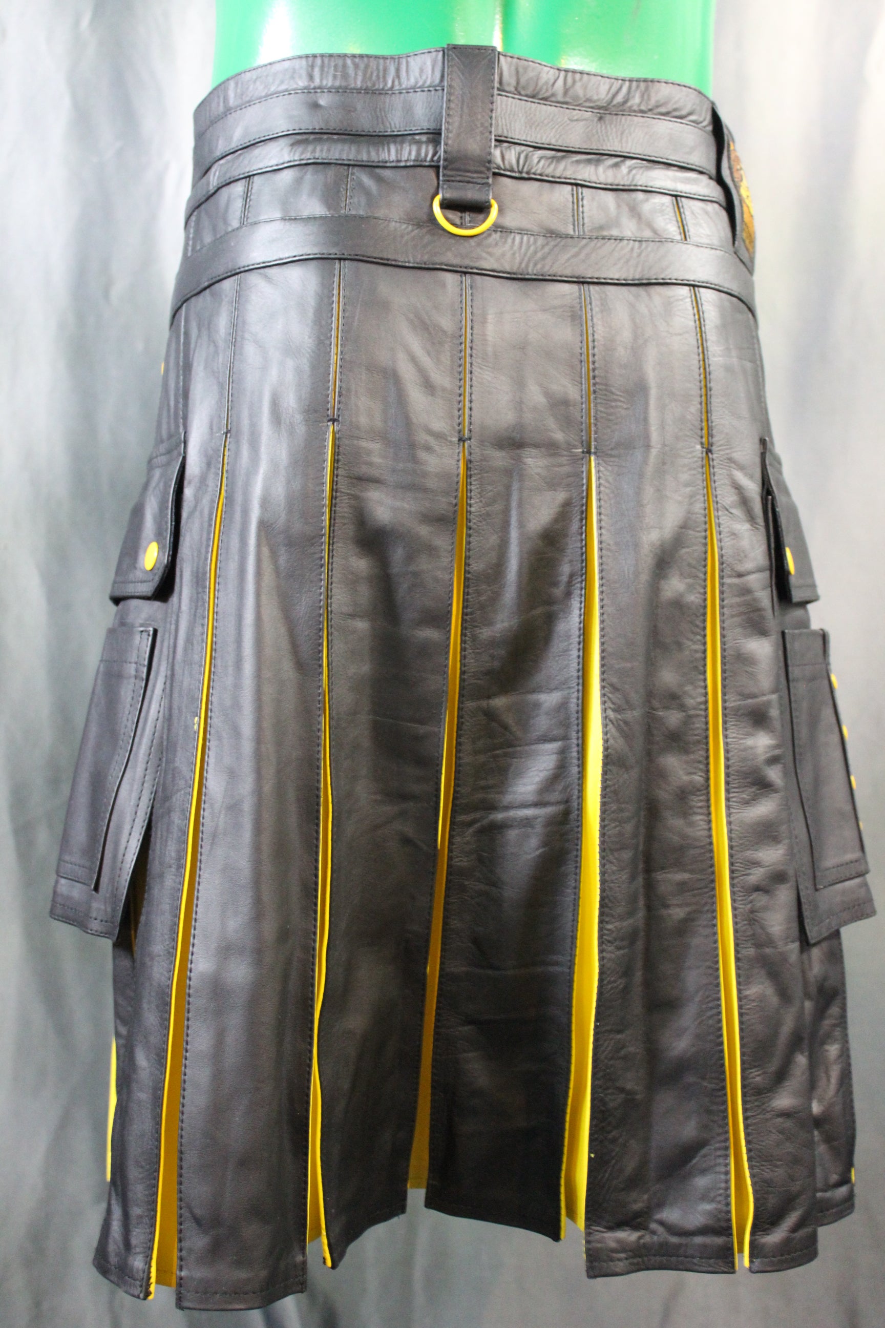 OnF Leather Kilt in Black with Yellow Pleats