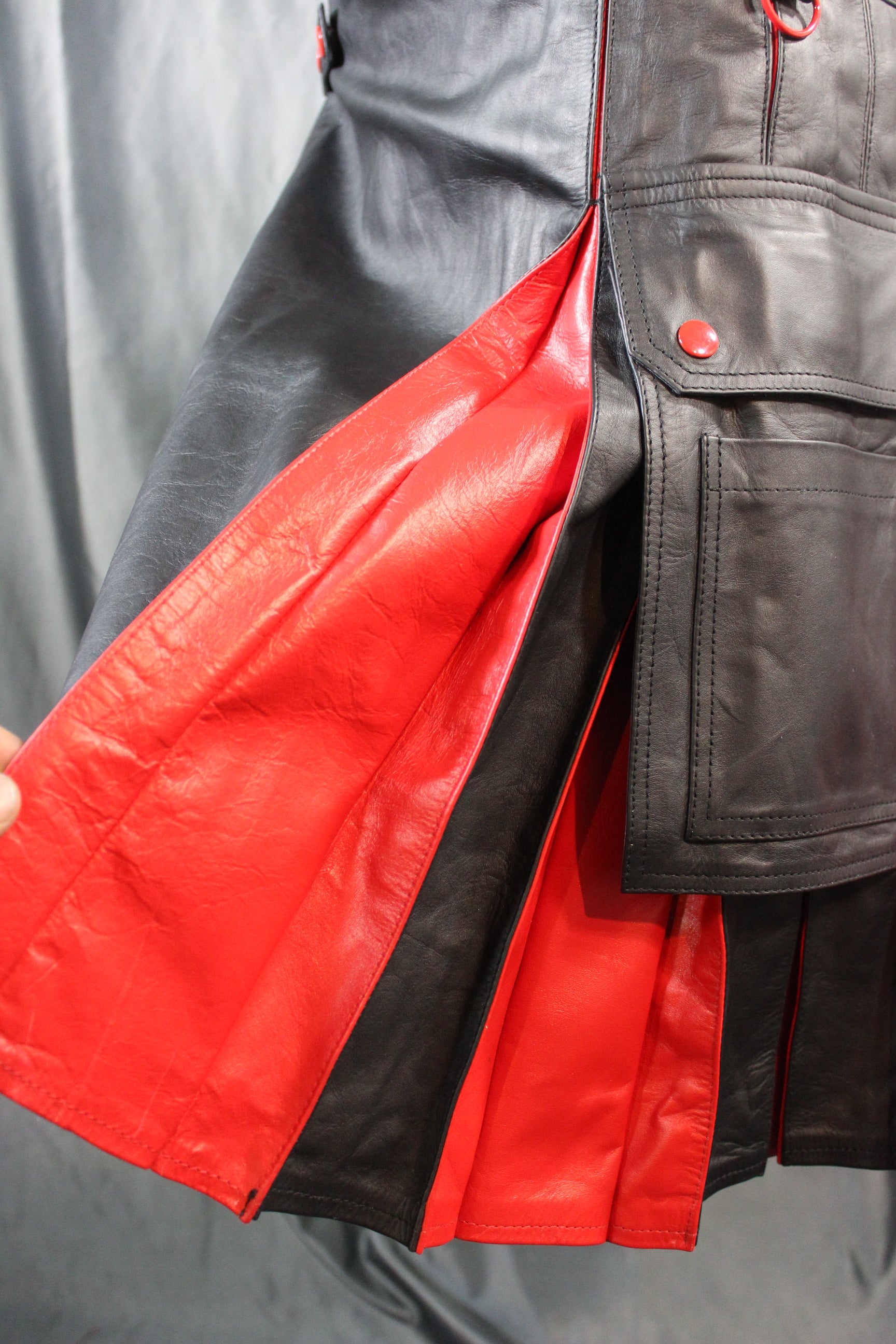 OnF Leather Kilt in Black with Red Pleats