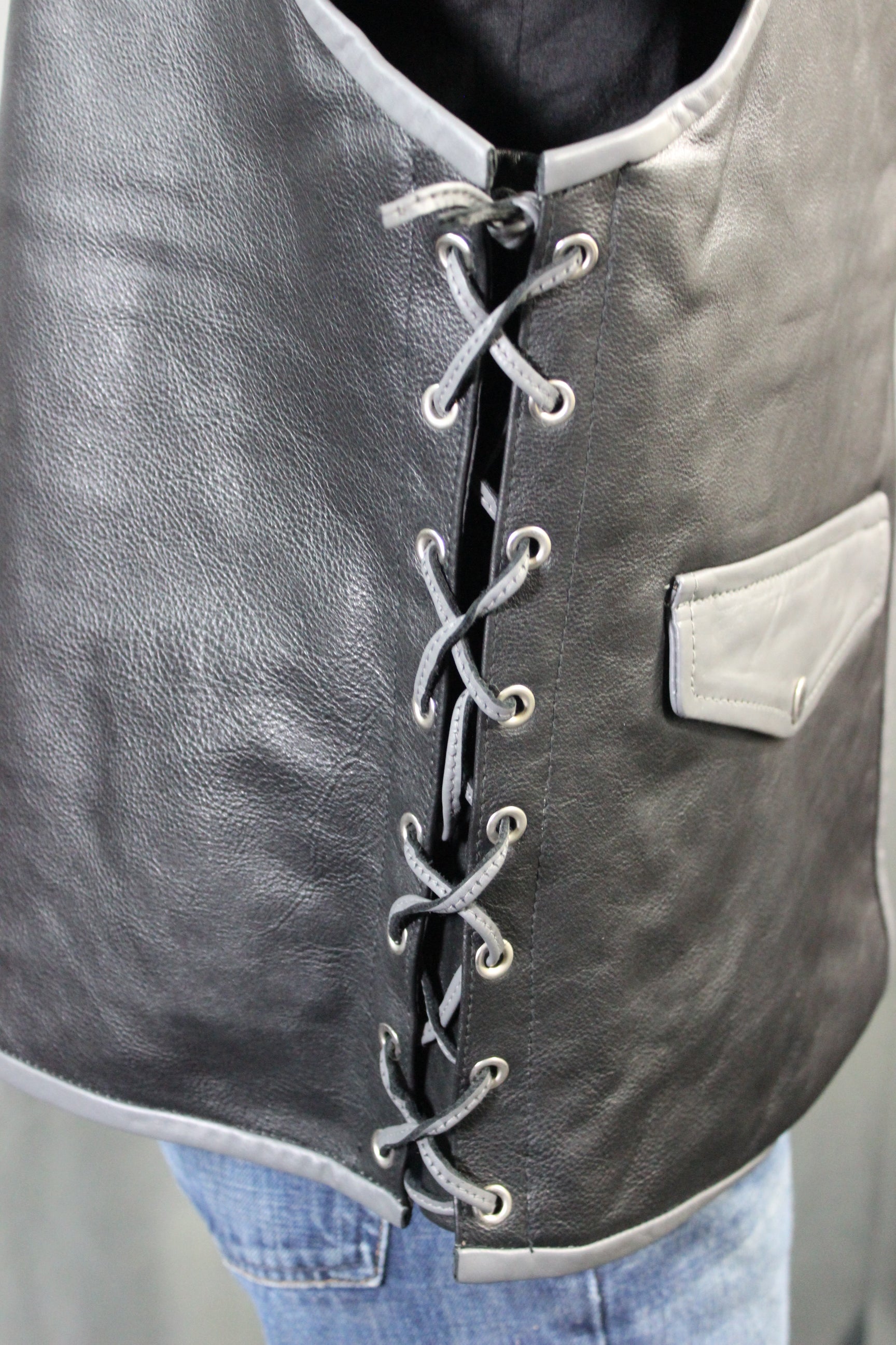 OnF Leather Bar Vest - Black with Grey Highlights