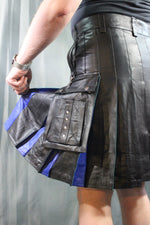 OnF Leather Kilt in Black with Blue Pleats