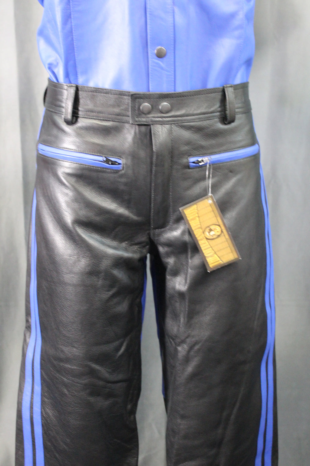 OnF Leather Formal Pants in Black with Blue Highlights