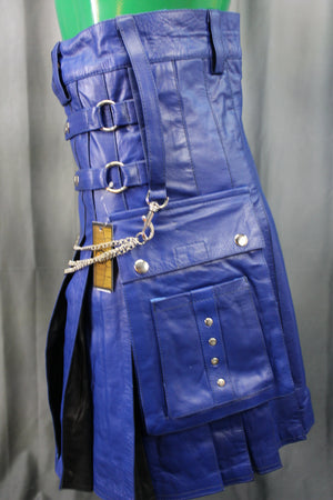 OnF Leather Kilt in Blue with Black Pleats