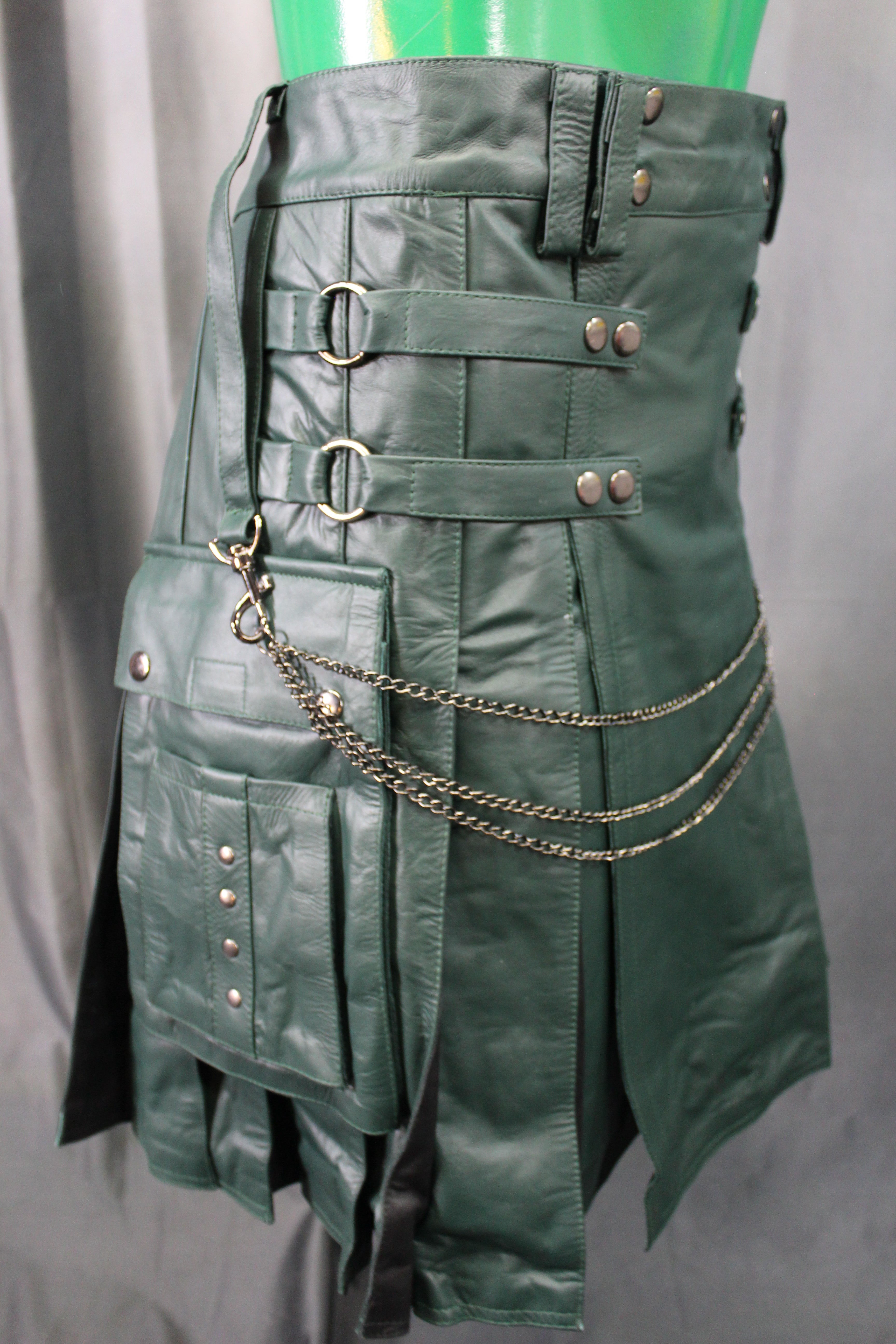 OnF Leather Kilt in Hunter Green with Black Pleats