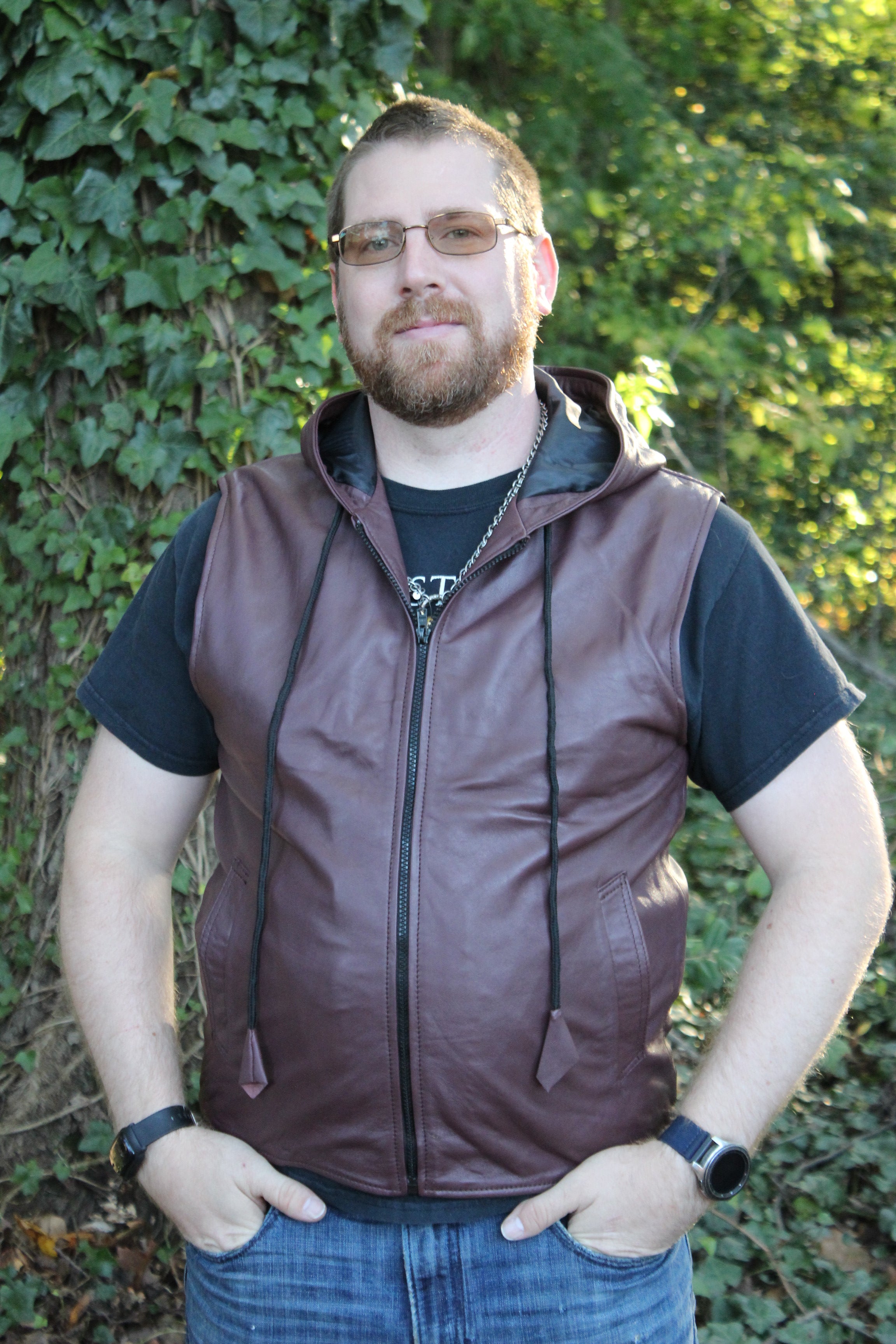 OnF Leather Hoodie in Burgundy