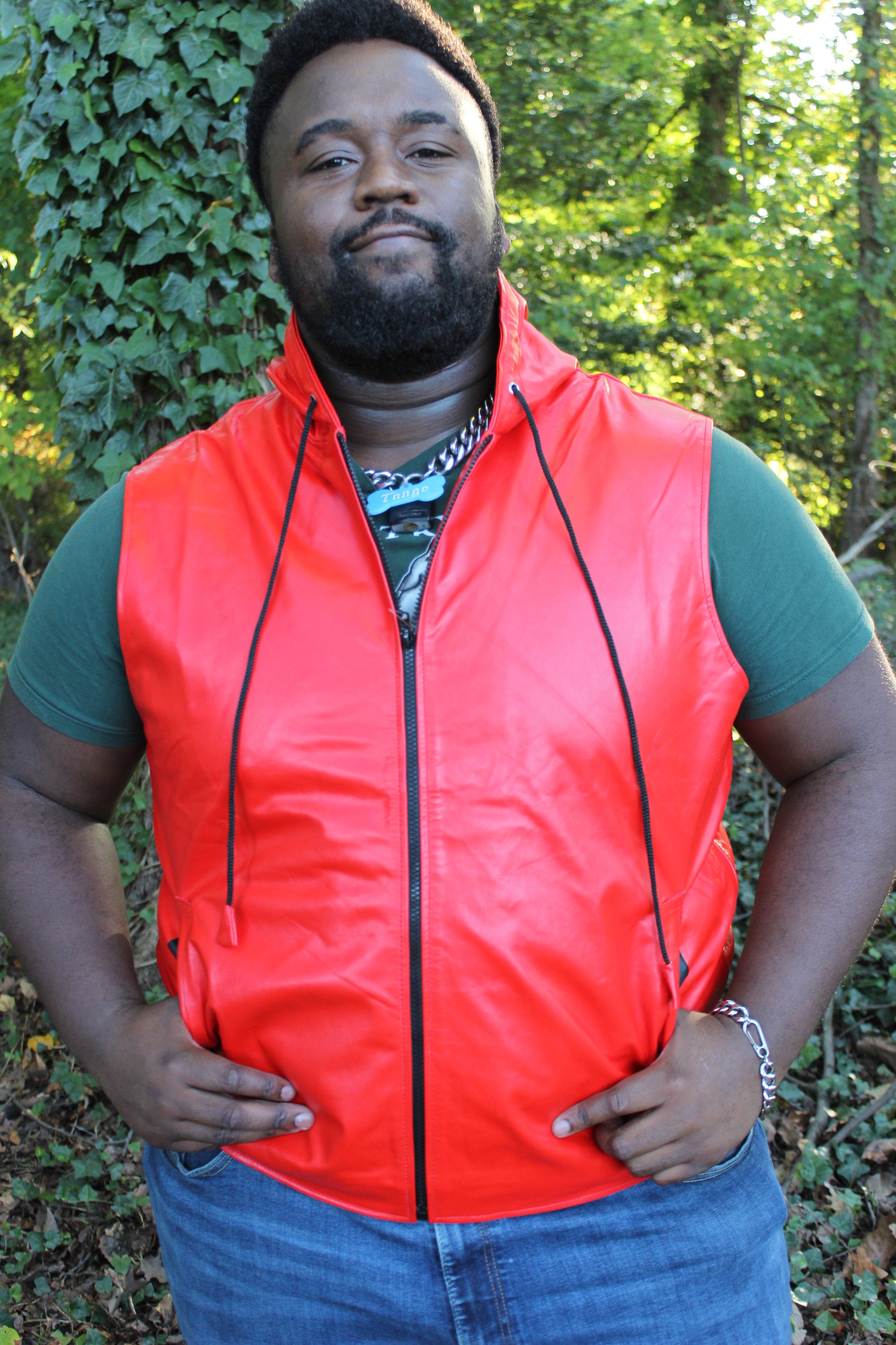 OnF Leather Hoodie in Red