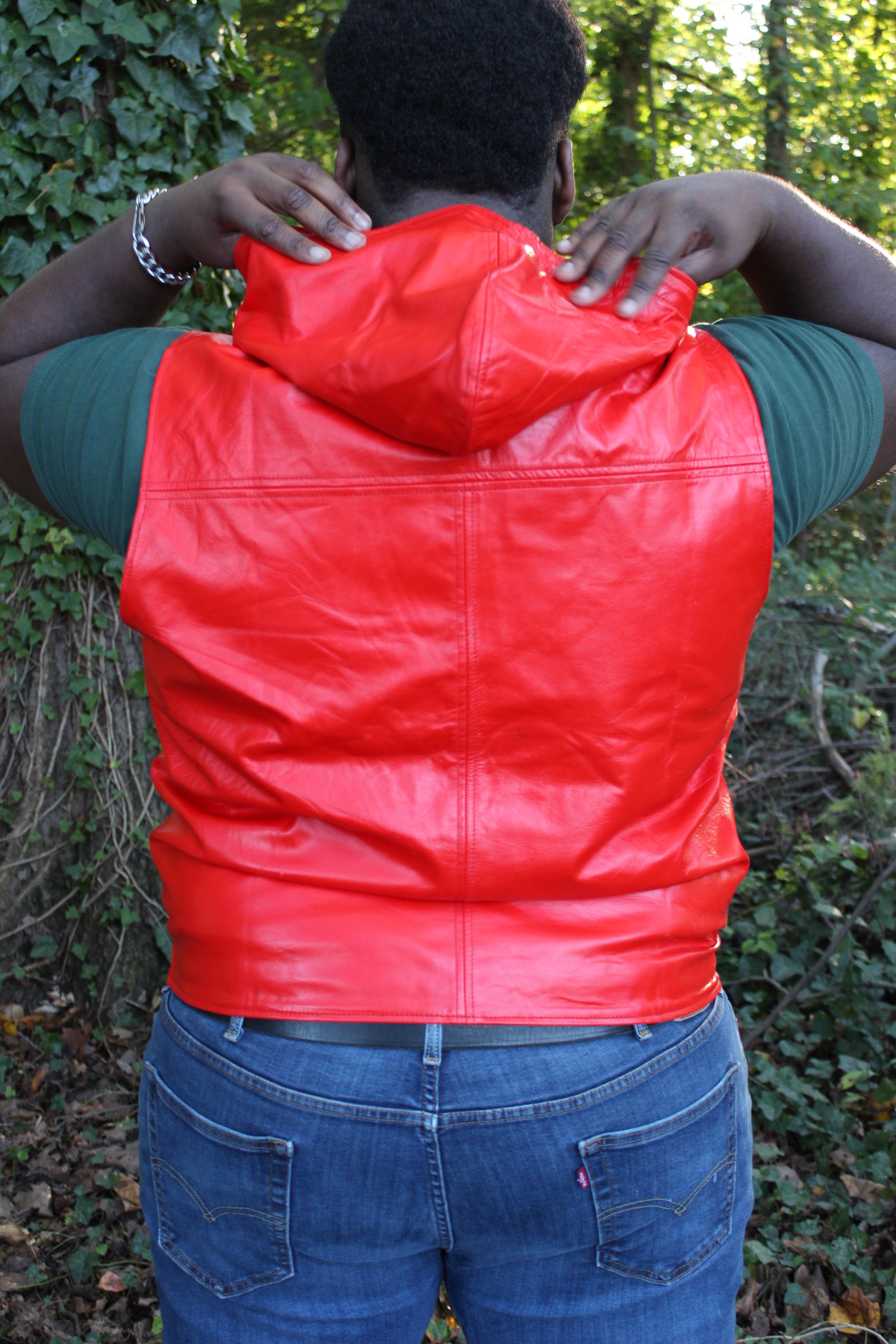 OnF Leather Hoodie in Red