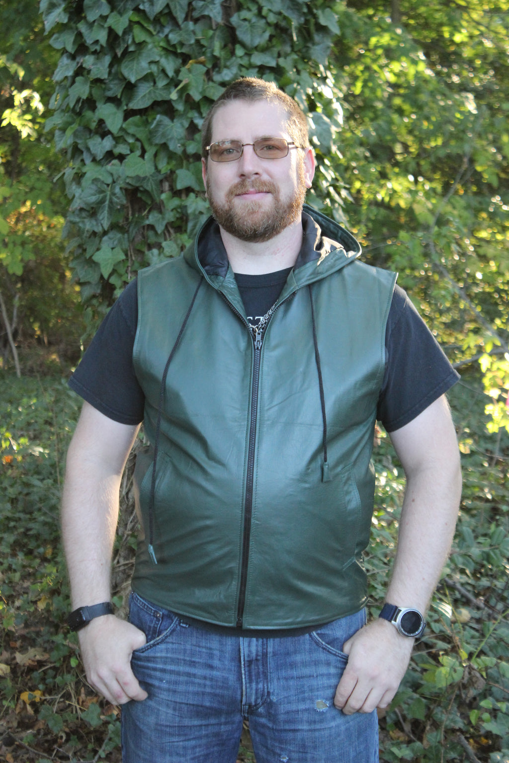 OnF Leather Hoodie in Hunter Green