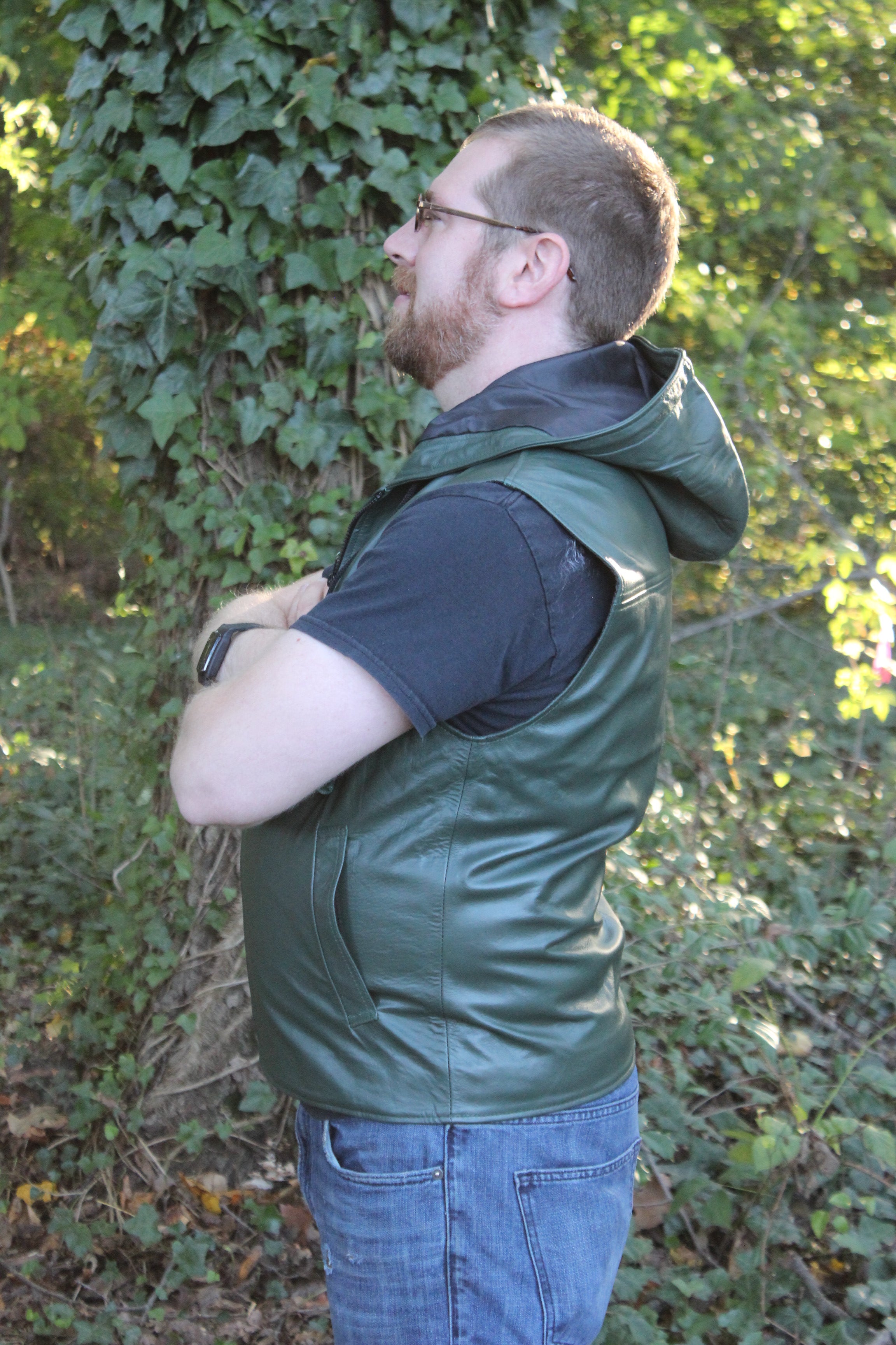 OnF Leather Hoodie in Hunter Green