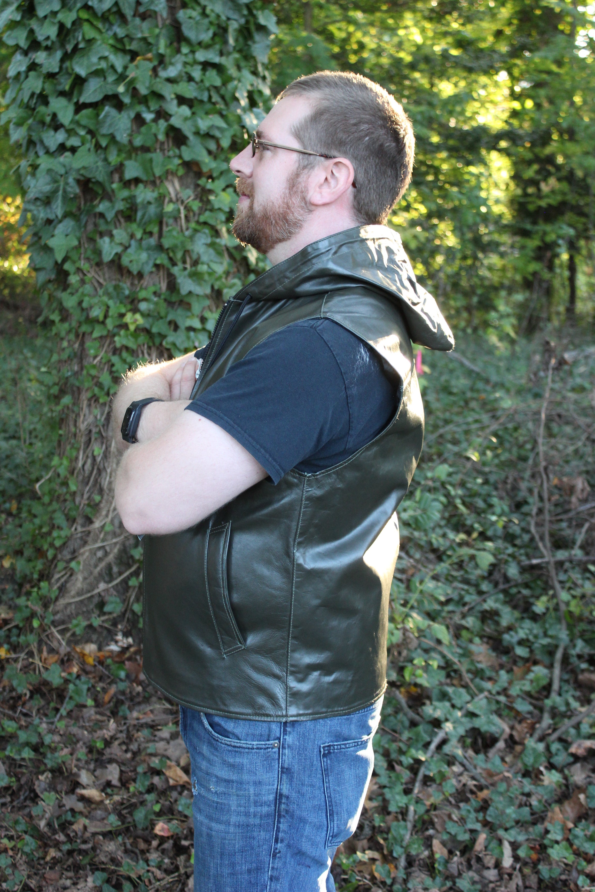 OnF Leather Hoodie in Olive Green