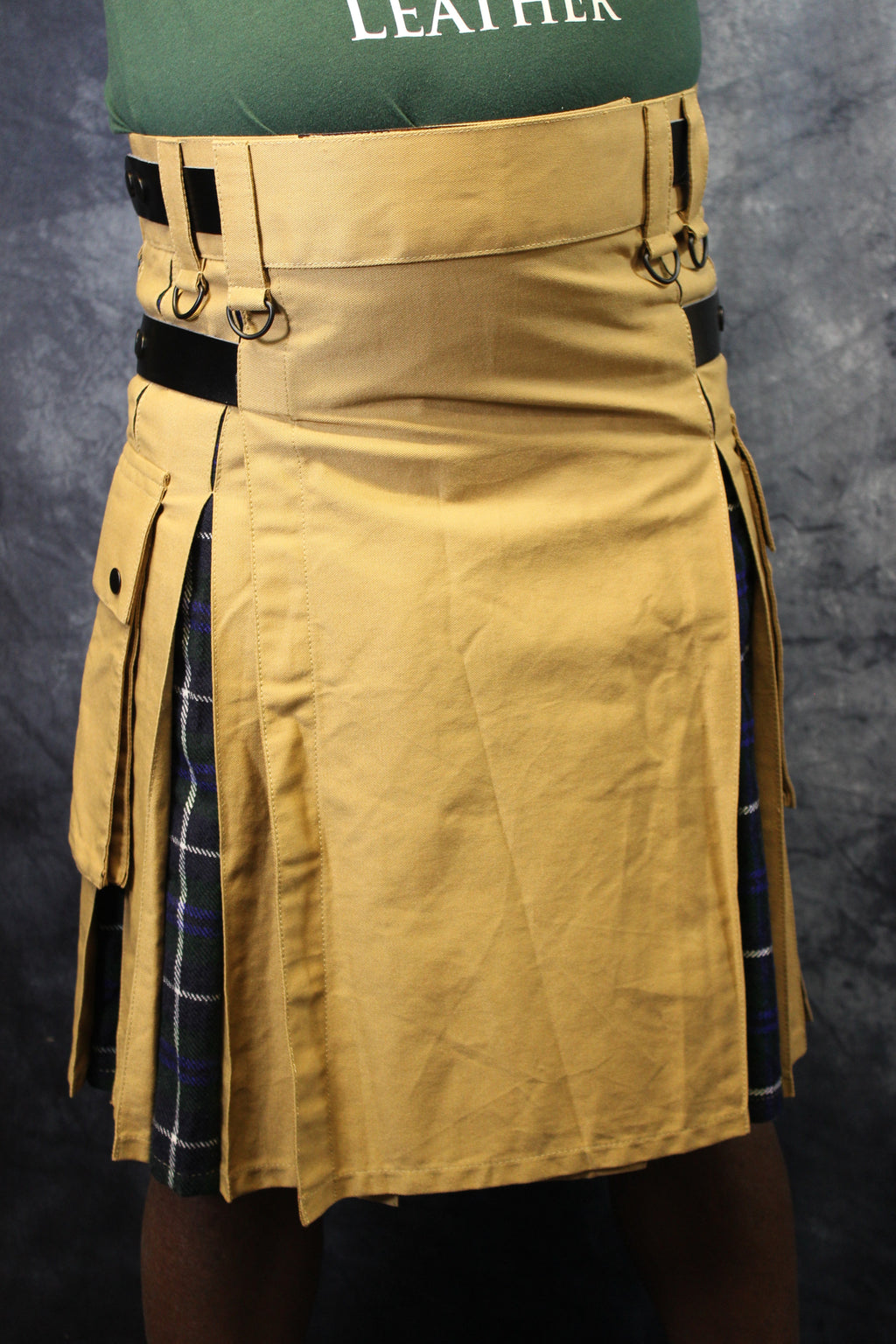Hybrid Kilt - Khaki with Douglas Blue Modern Pleats