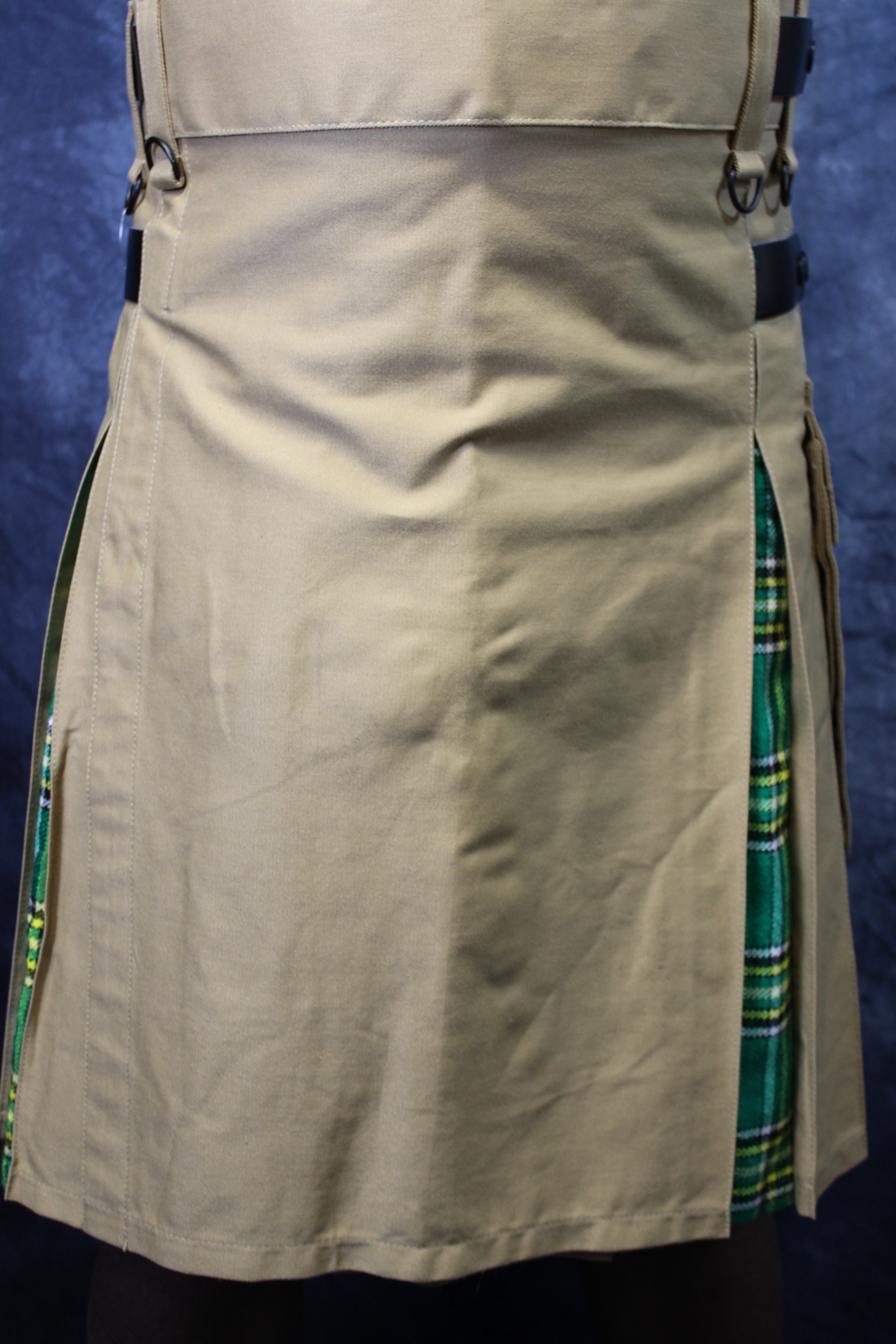 Hybrid Kilt Khaki with Irish Tartan Pleats