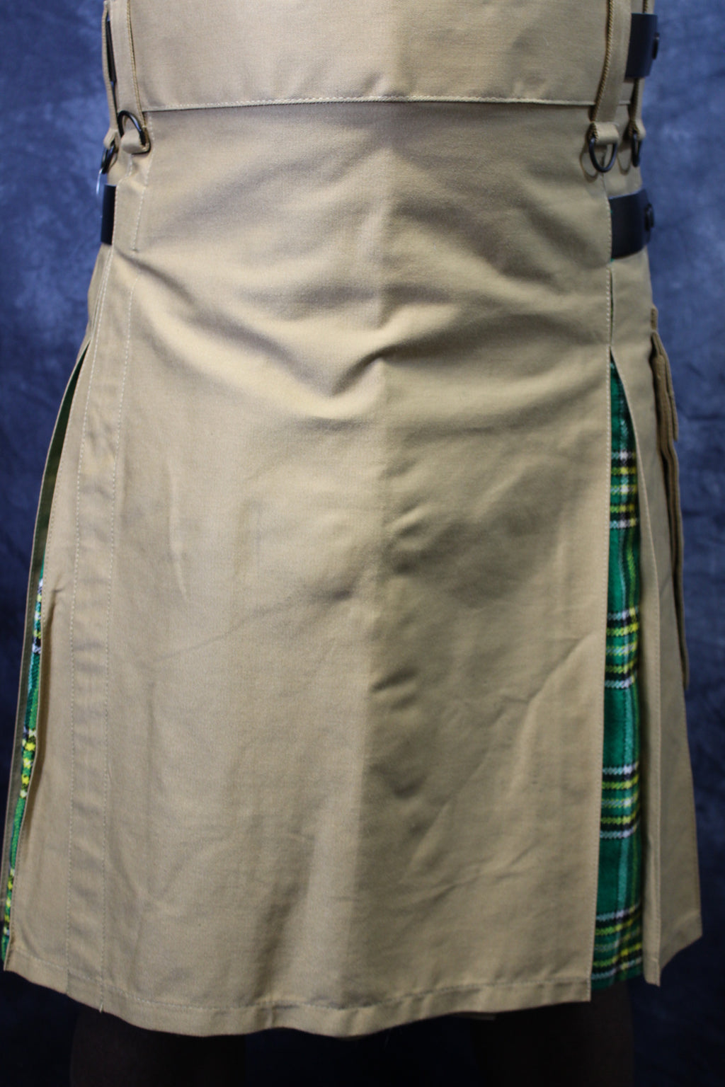 Hybrid Kilt Khaki with Irish Tartan Pleats