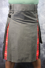 Hybrid Kilt - Black with Fraiser Red Tartan Pleats