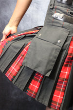 Hybrid Kilt - Black with Fraiser Red Tartan Pleats