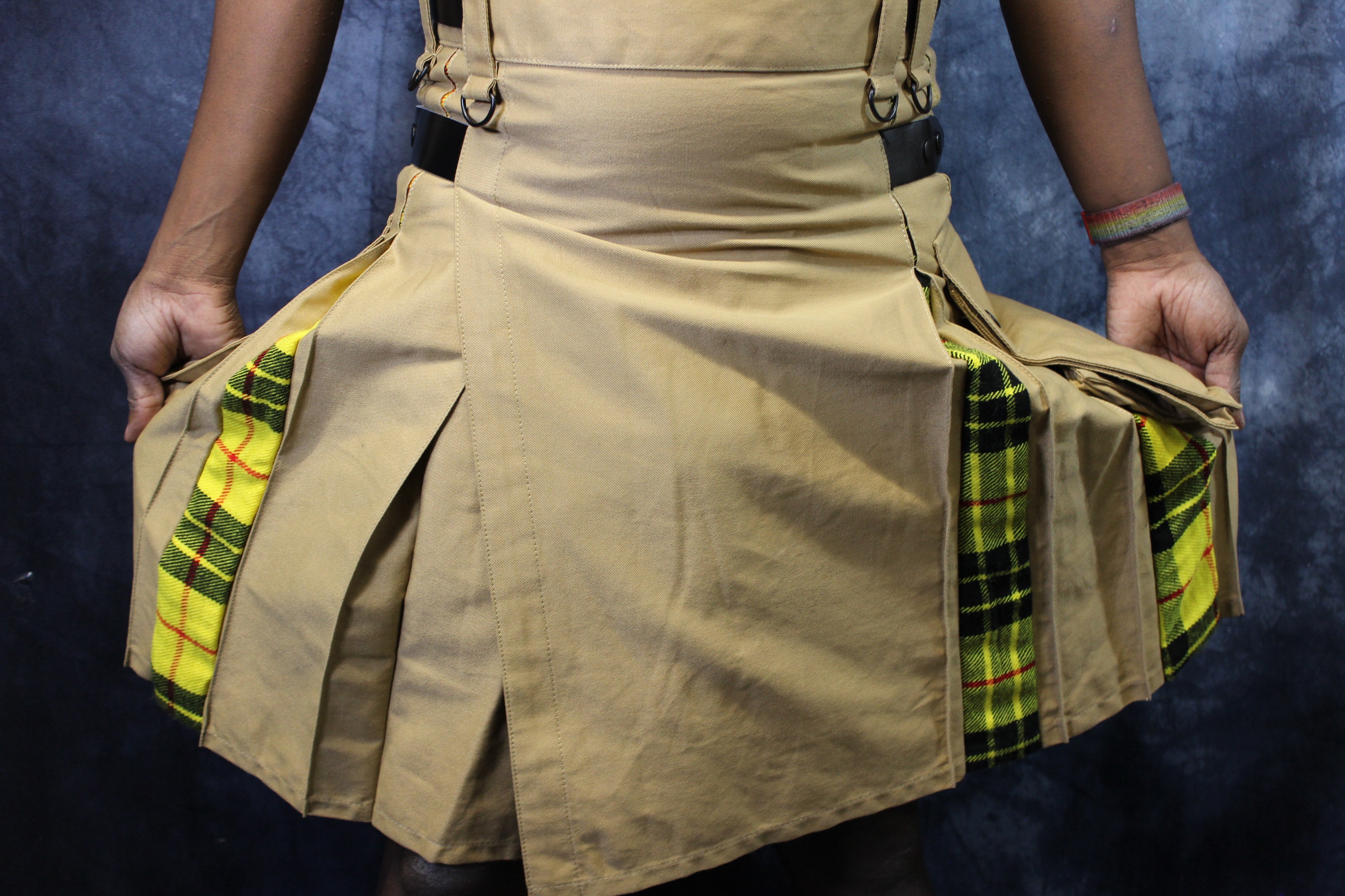 Hybrid Kilt Khaki with Macleod Of Lewis Tartan Pleats