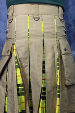 Hybrid Kilt Khaki with Macleod Of Lewis Tartan Pleats