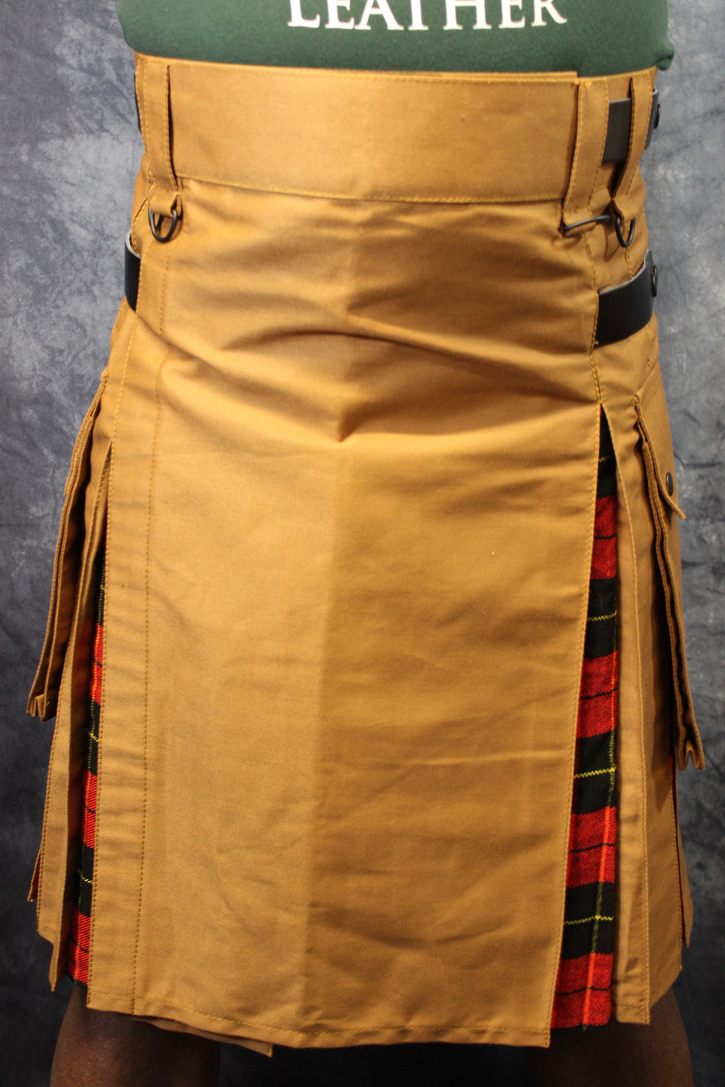 Hybrid Kilt Tan with Wallace Tartan Pleats Red Plaid Flannel