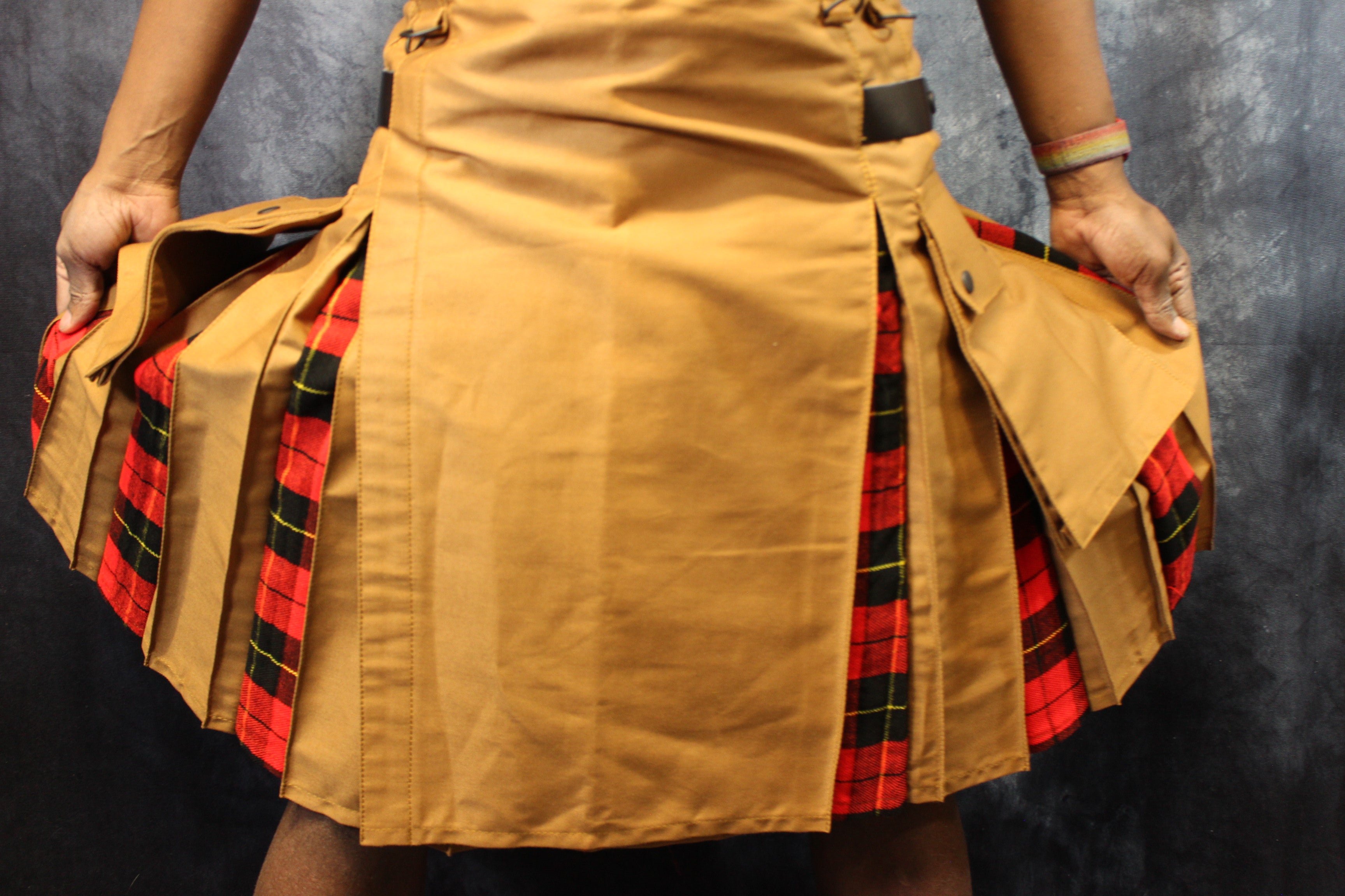 Hybrid Kilt Tan with Wallace Tartan Pleats Red Plaid Flannel