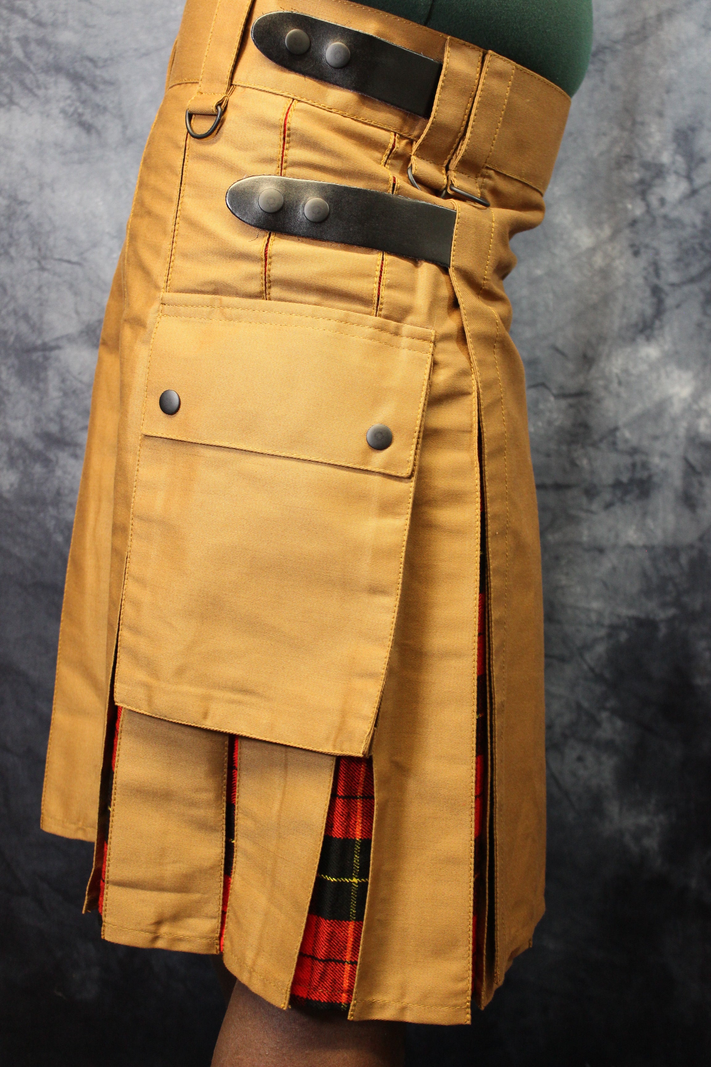 Hybrid Kilt Tan with Wallace Tartan Pleats Red Plaid Flannel