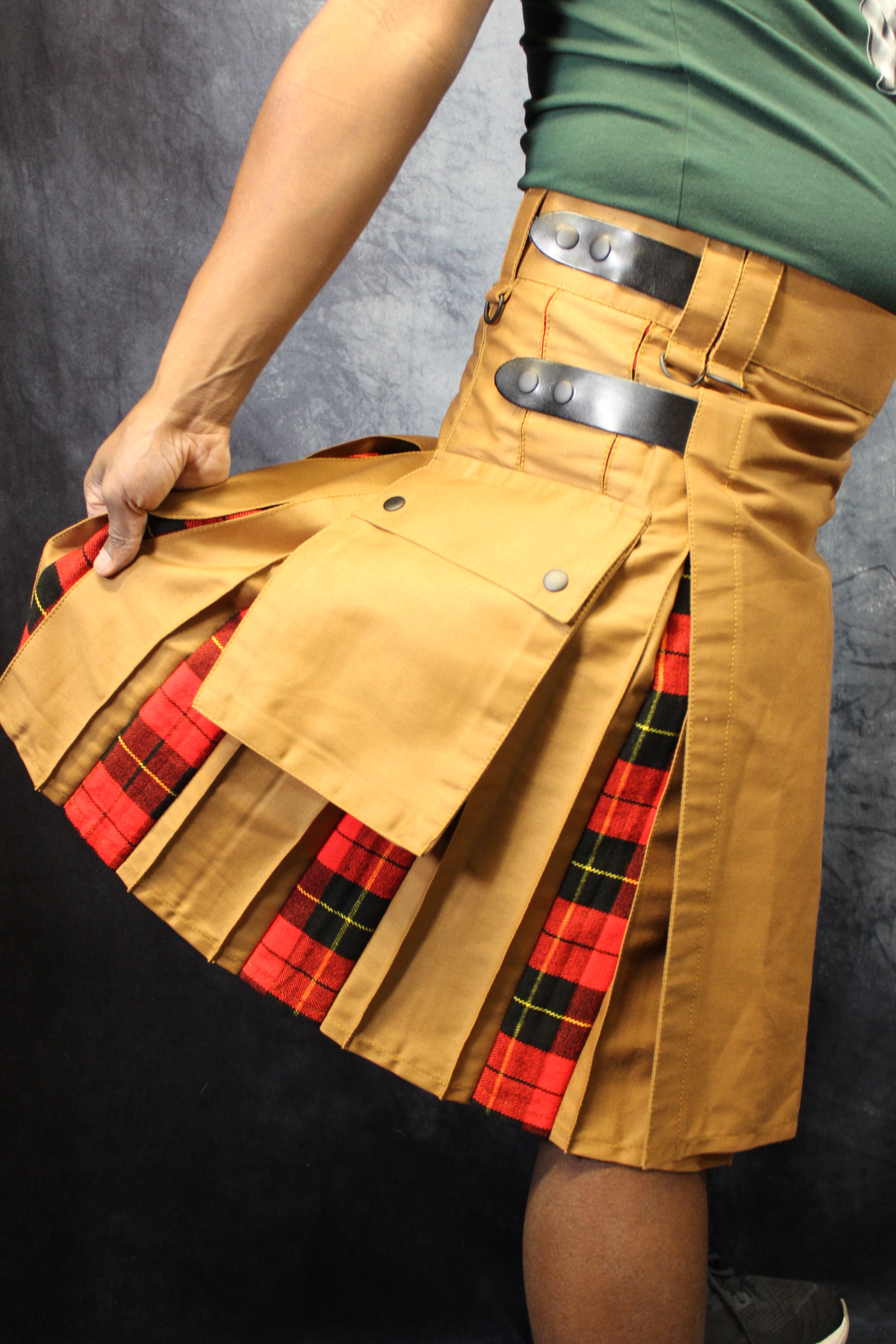 Hybrid Kilt Tan with Wallace Tartan Pleats Red Plaid Flannel