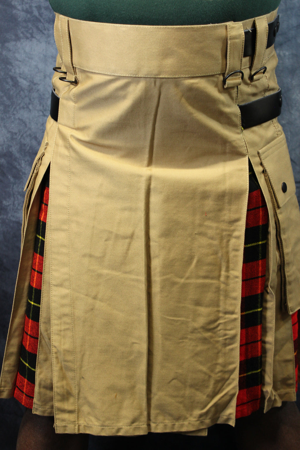 Hybrid Kilt Khaki with Wallace Tartan Pleats Red Plaid