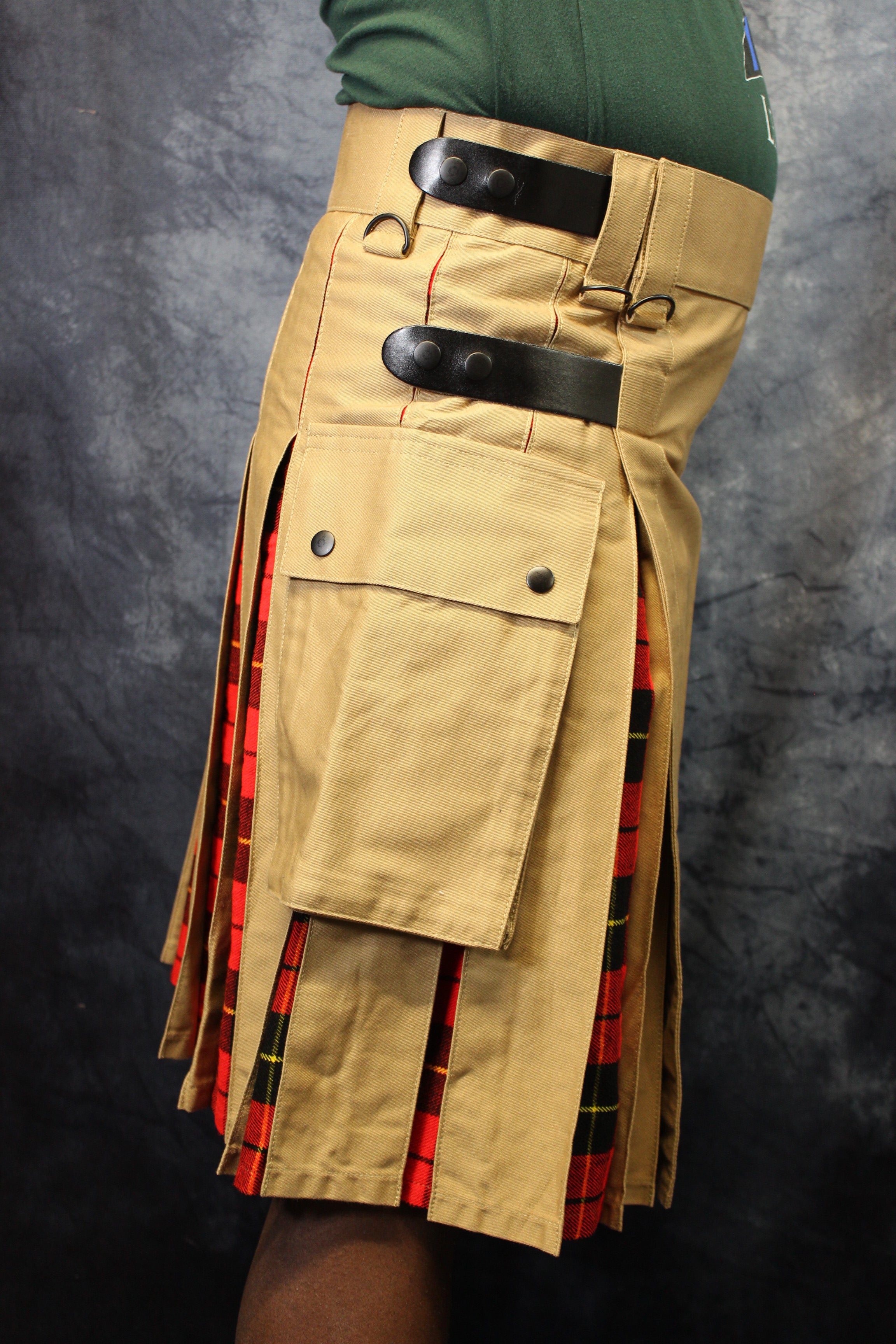 Kilt hybride en beige avec plis tartan rouge