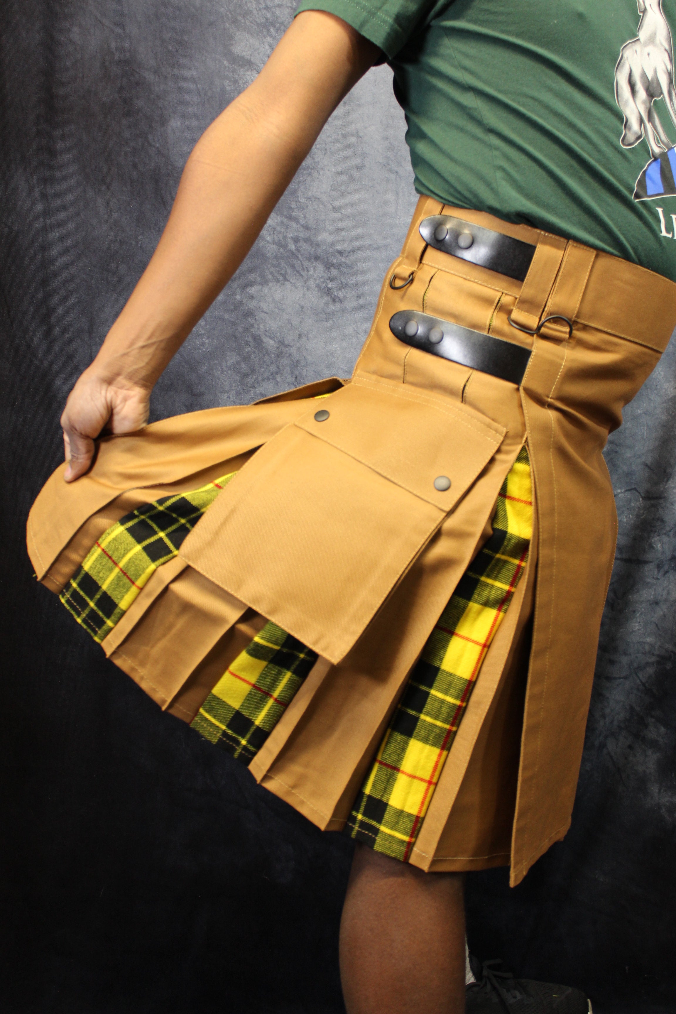 Hybrid Kilt Tan with Macleod Of Lewis Tartan Pleats