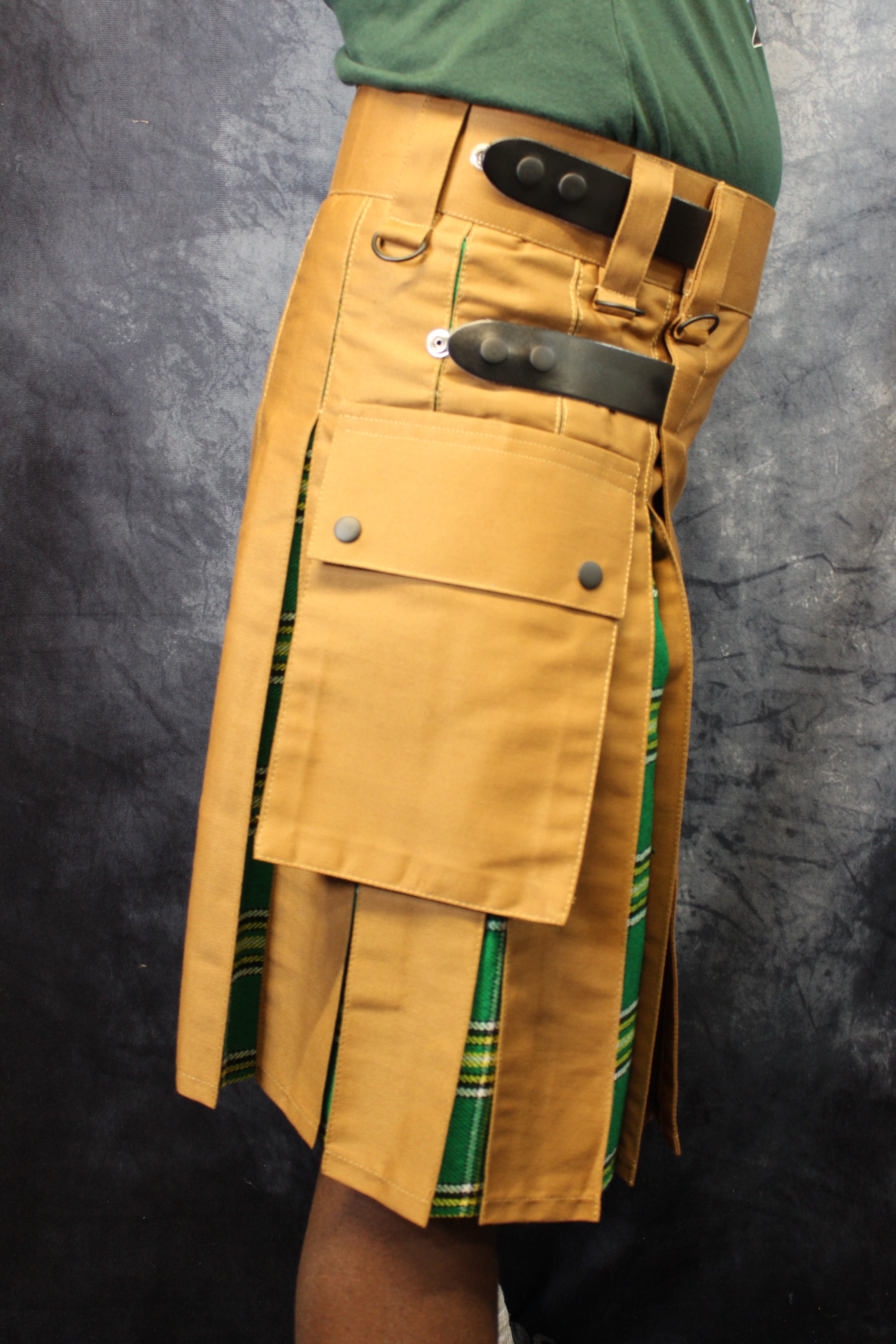 Hybrid Kilt in Tan with Irish Tartan Pleats