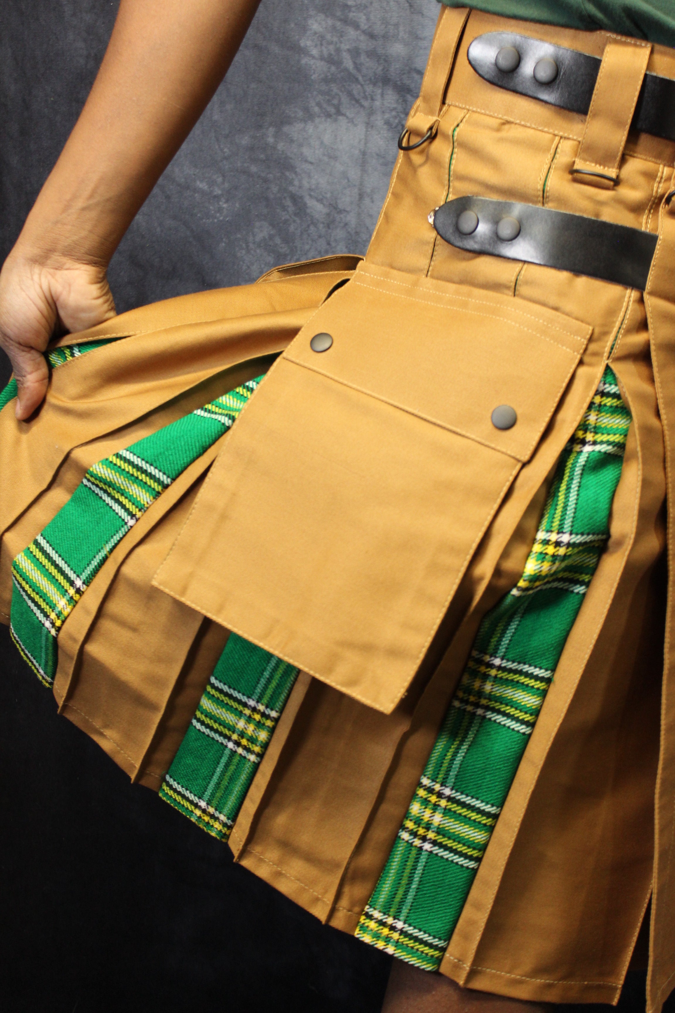 Hybrid Kilt in Tan with Irish Tartan Pleats