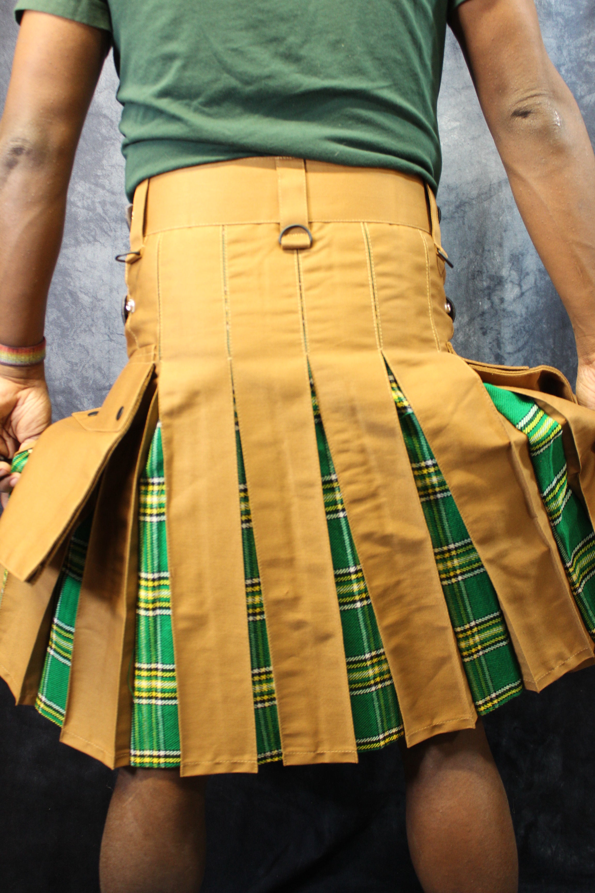 Hybrid Kilt in Tan with Irish Tartan Pleats