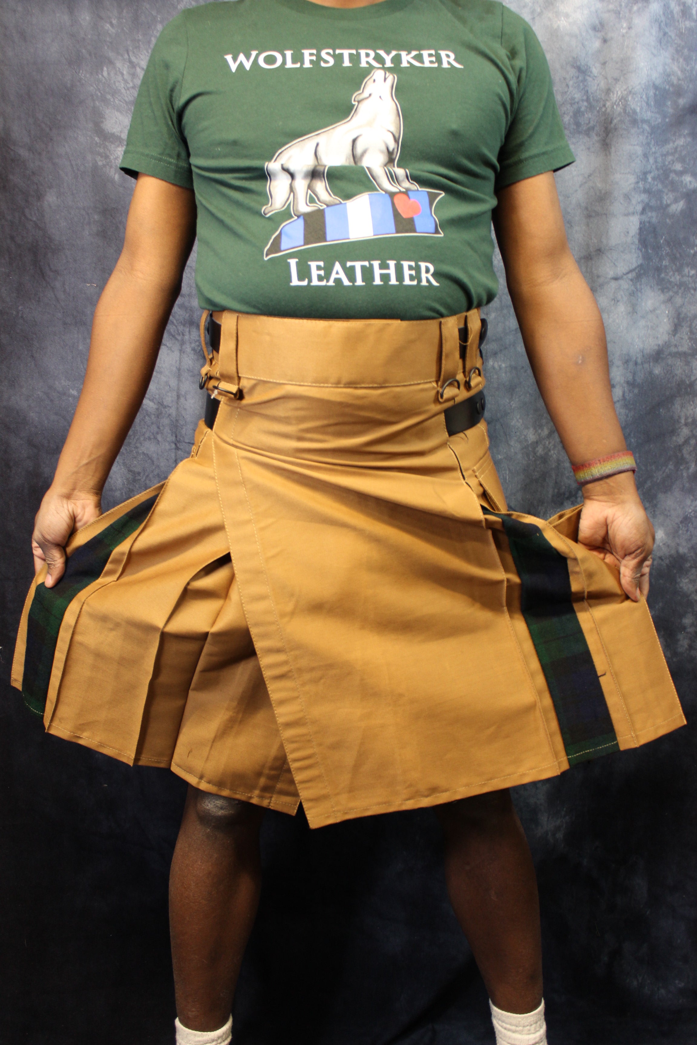 Hybrid Kilt in Tan with Black Watch Tartan Pleats