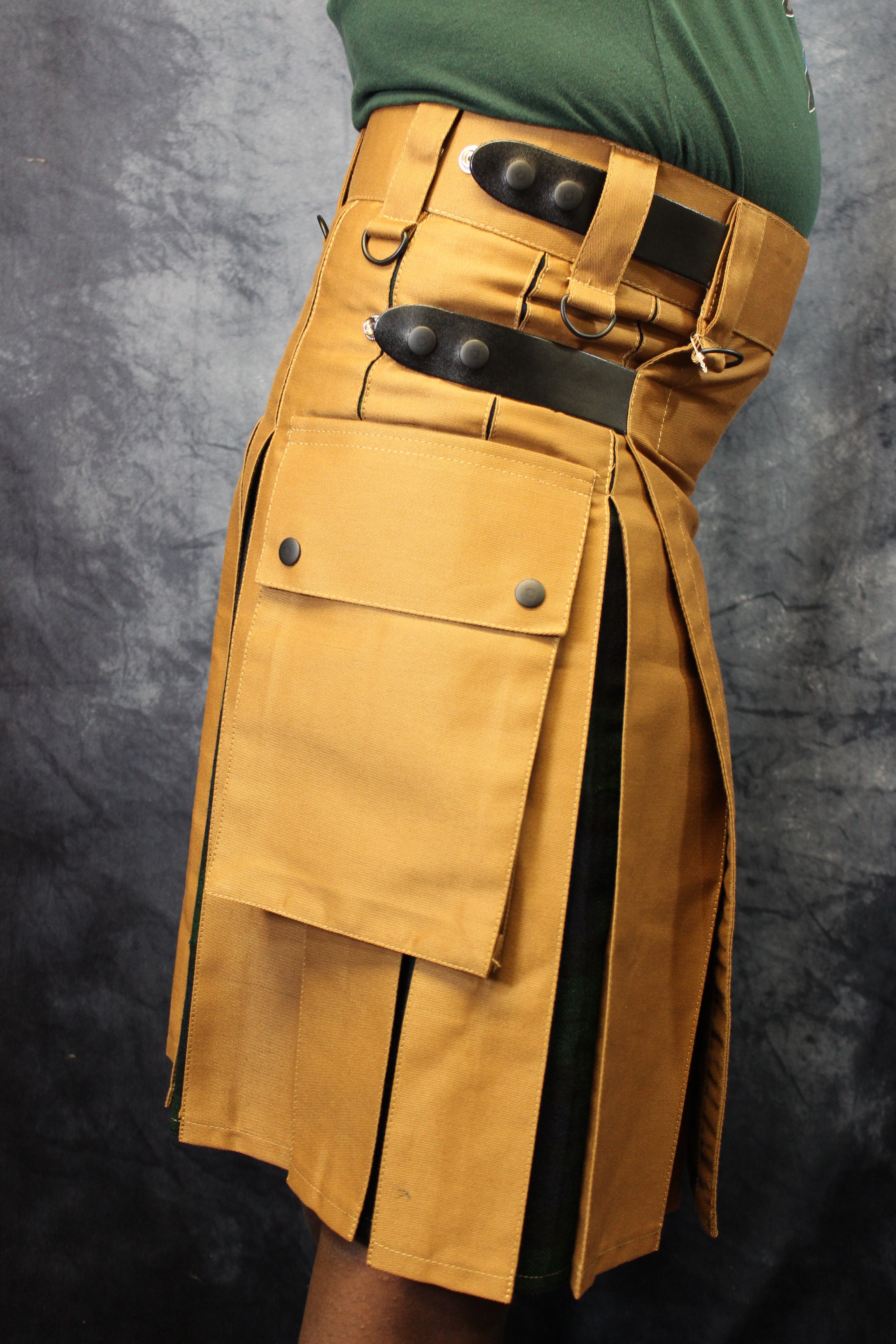 Hybrid Kilt in Tan with Black Watch Tartan Pleats