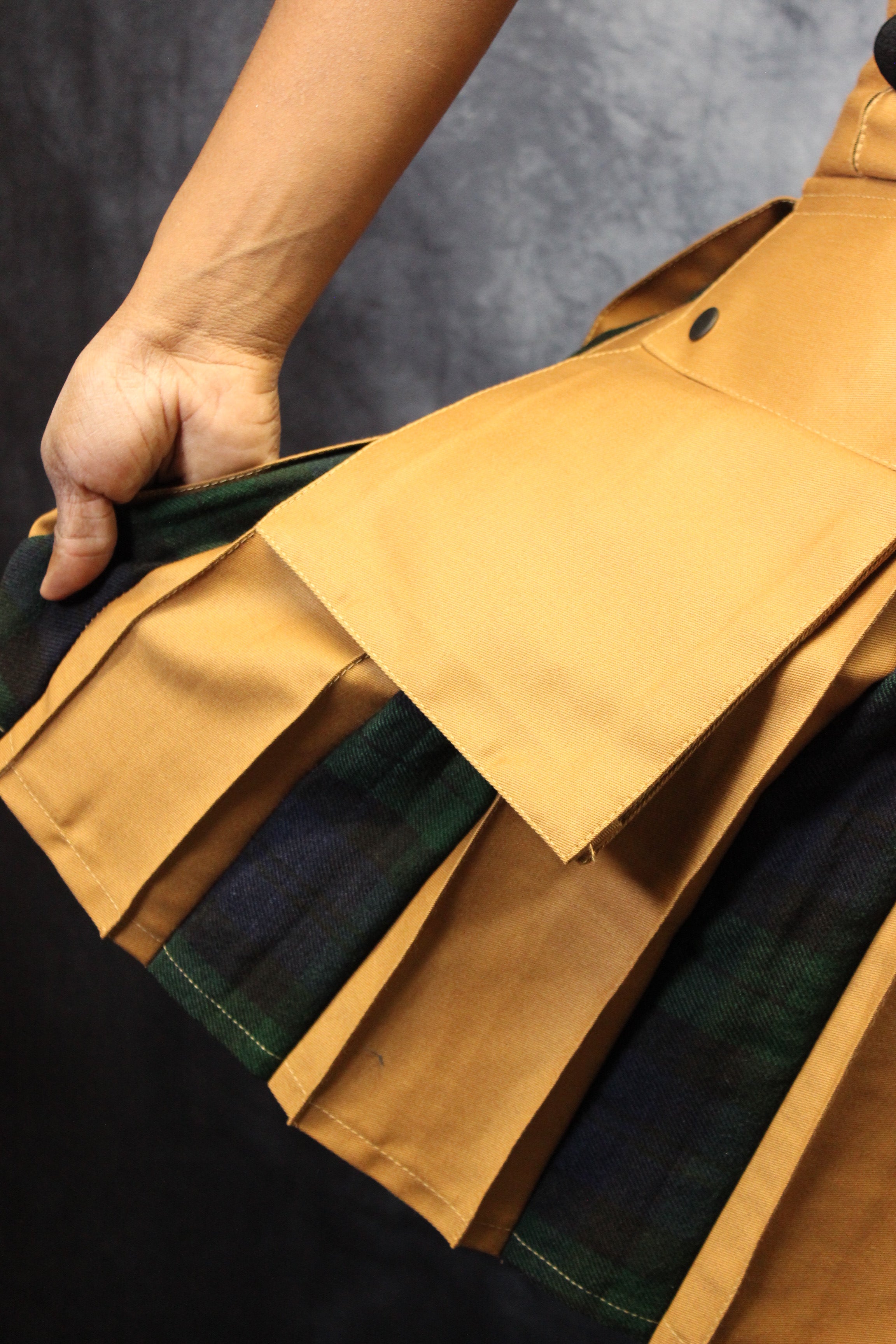 Hybrid Kilt in Tan with Black Watch Tartan Pleats