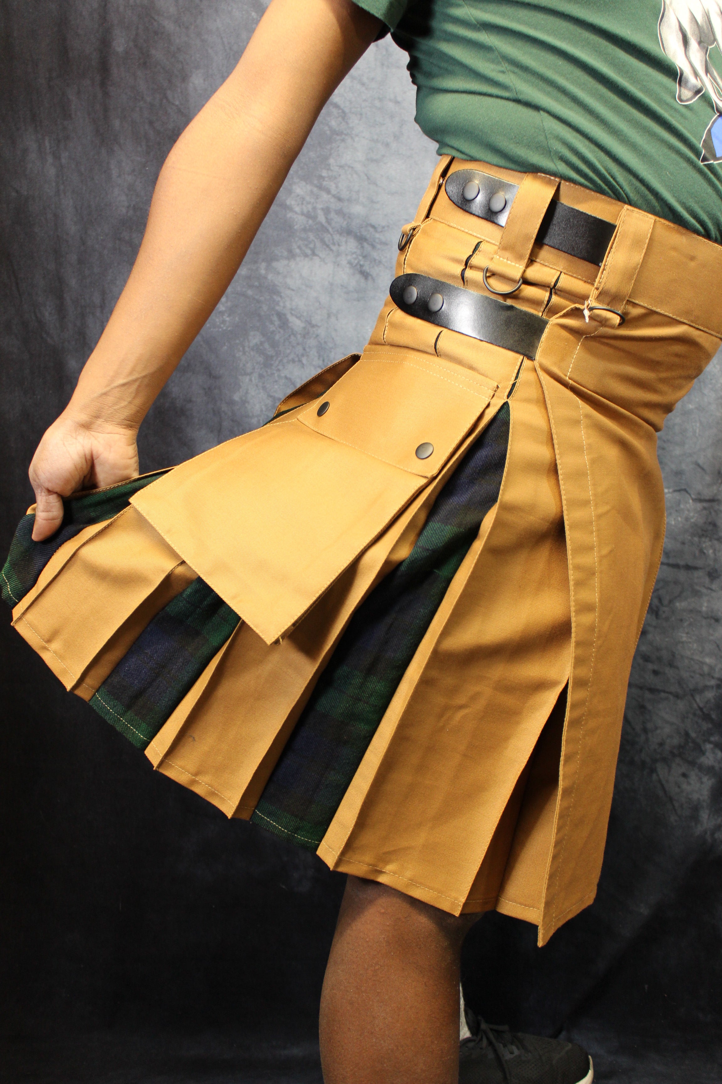 Hybrid Kilt in Tan with Black Watch Tartan Pleats