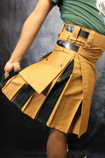 Hybrid Kilt in Tan with Black Watch Tartan Pleats