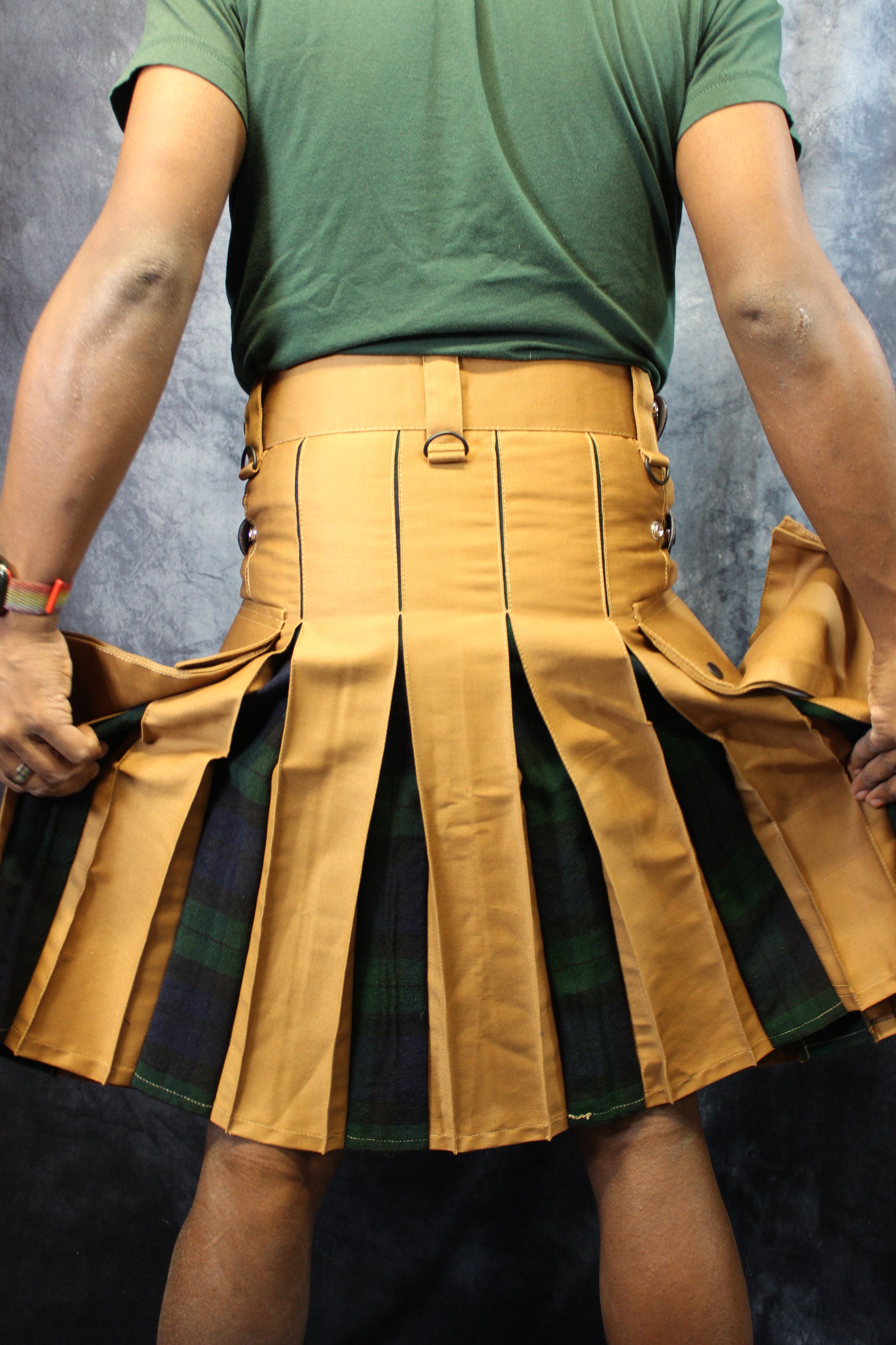 Hybrid Kilt in Tan with Black Watch Tartan Pleats