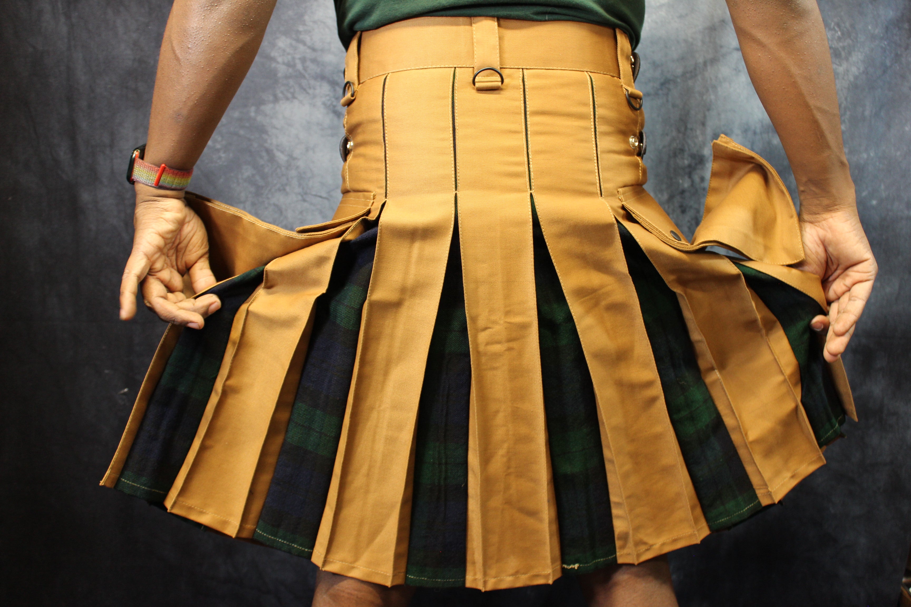 Hybrid Kilt in Tan with Black Watch Tartan Pleats
