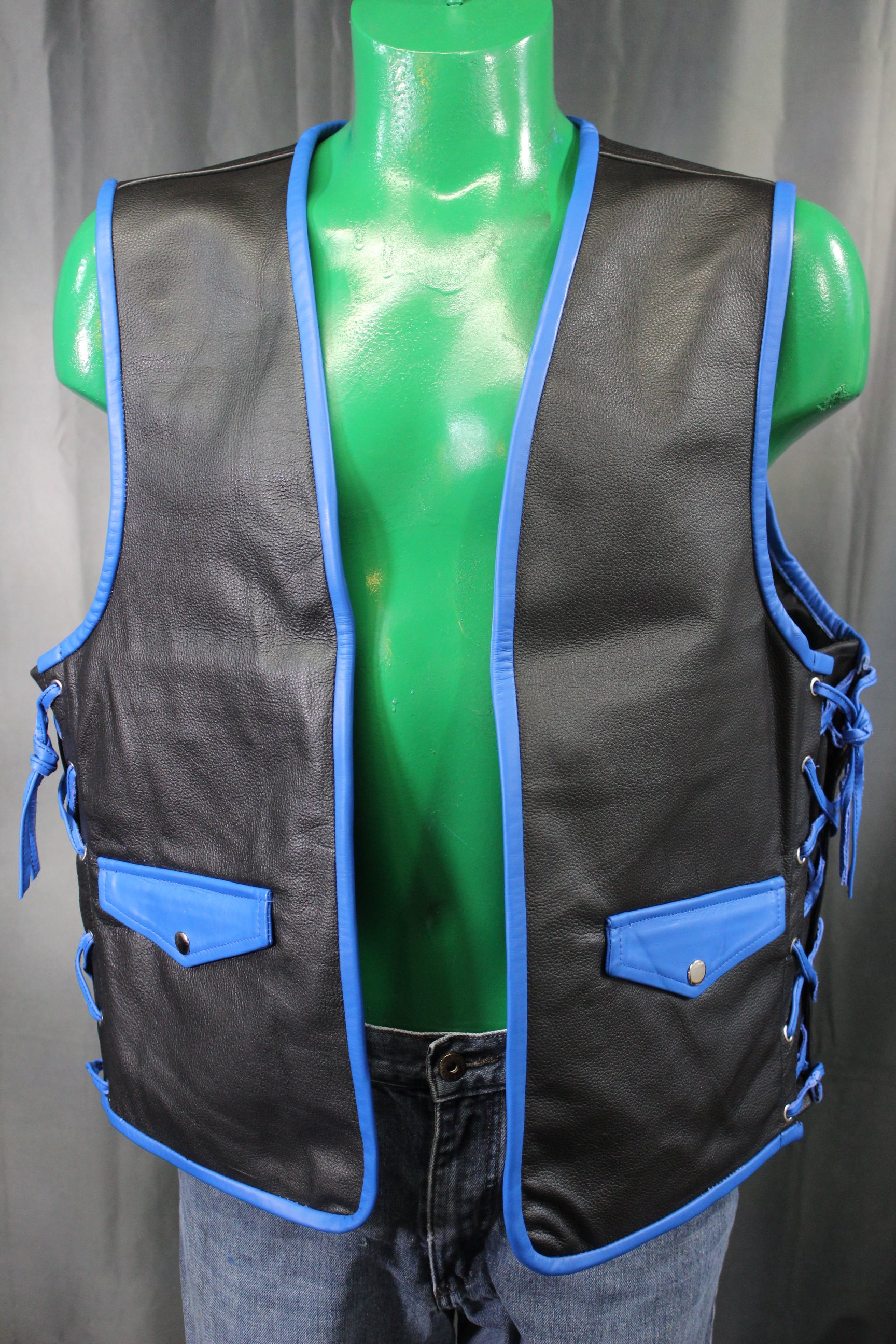 OnF Leather Bar Vest - Black with Blue Highlights