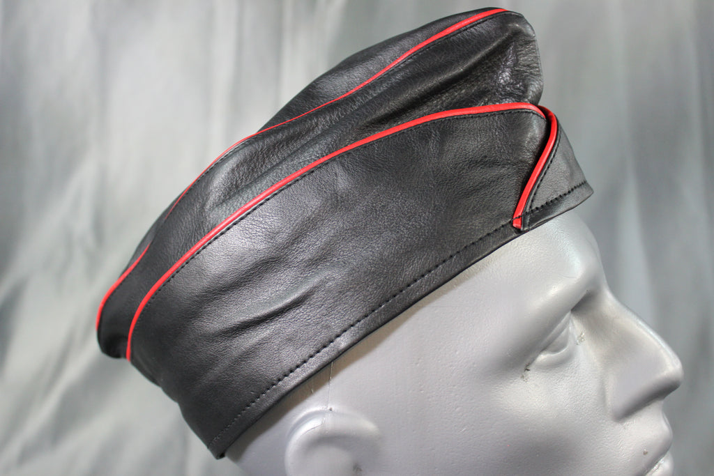 OnF Leather Garrison Cap in Black with Red Trim