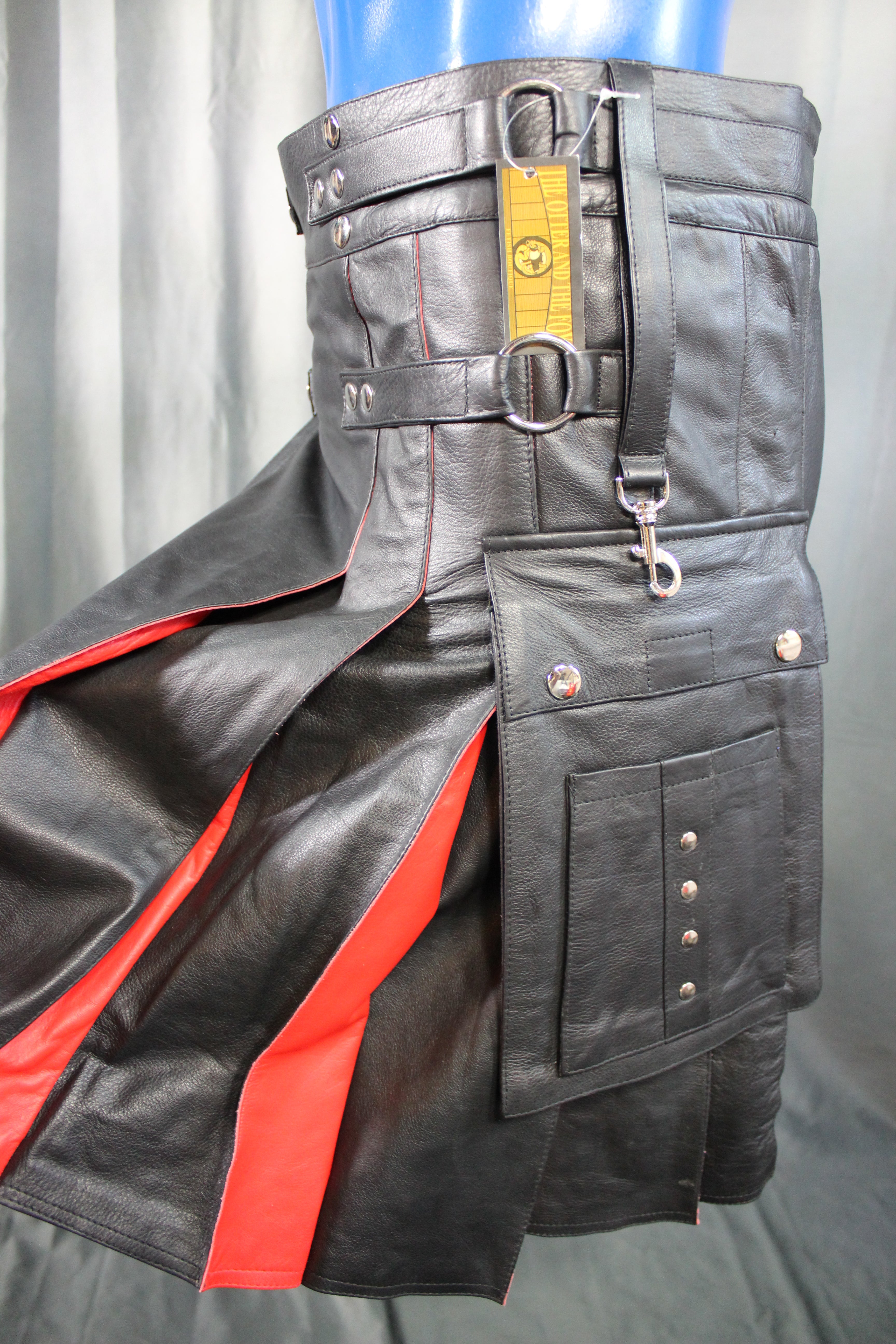 OnF Leather Kilt in Black with Red Pleats