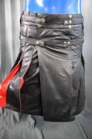 OnF Leather Kilt in Black with Red Pleats