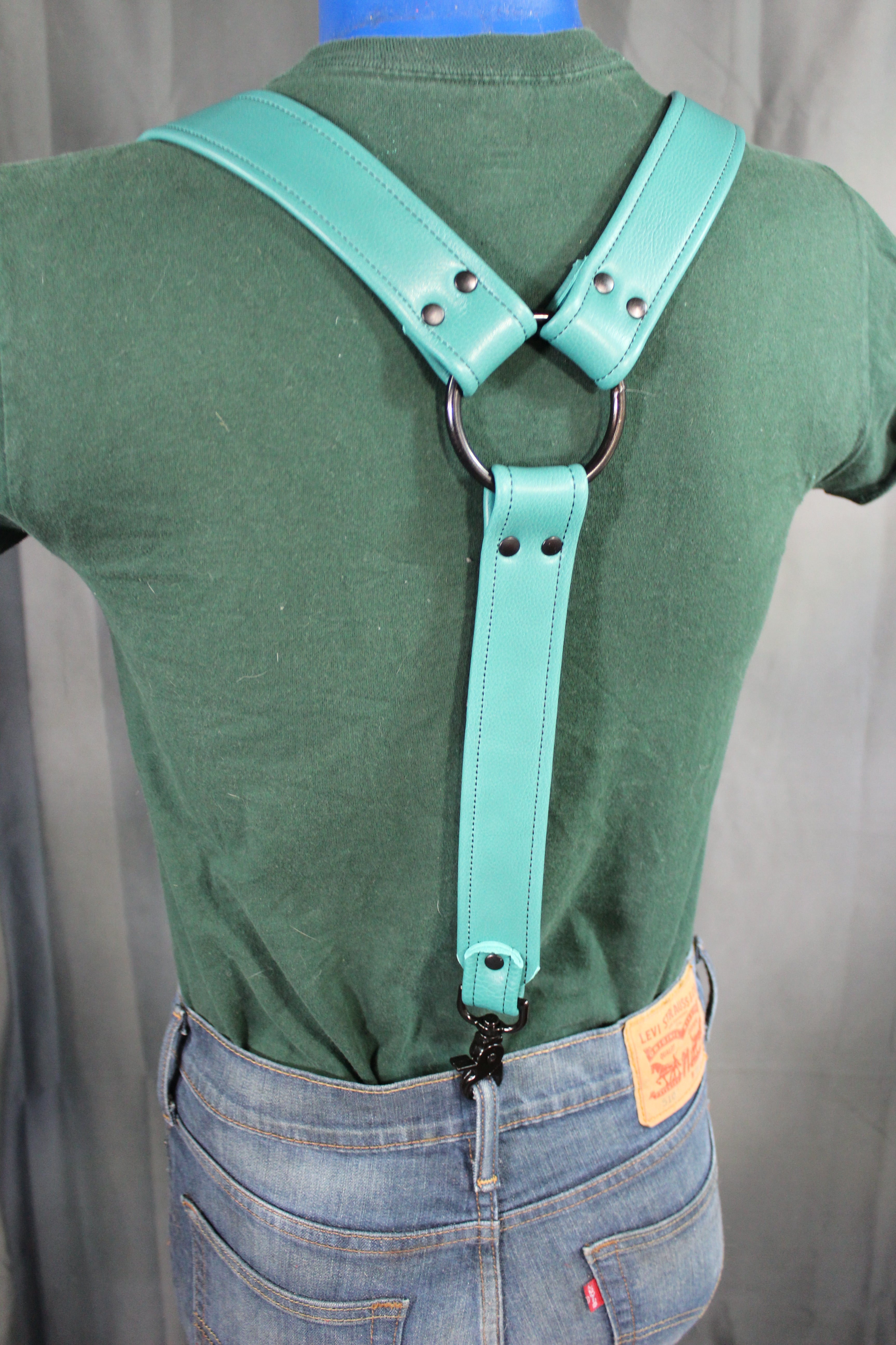 Teal Leather Suspenders with Black Hardware