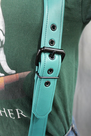 Teal Leather Suspenders with Black Hardware