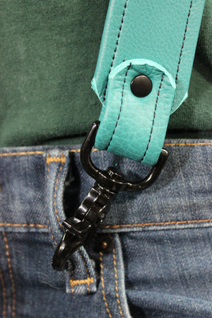 Teal Leather Suspenders with Black Hardware