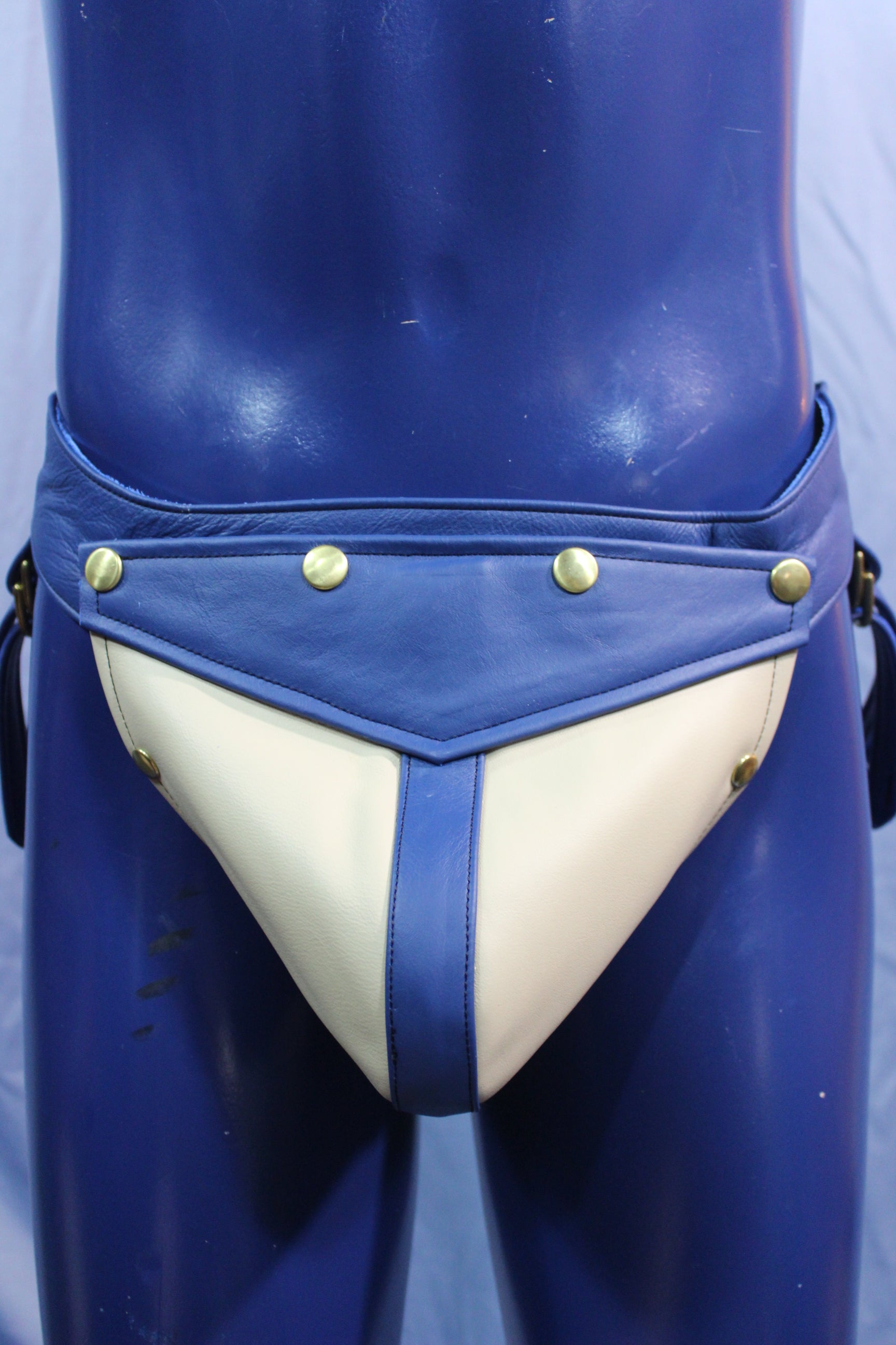 Codpiece interchangeable en cuir bleu et blanc Jockstrap